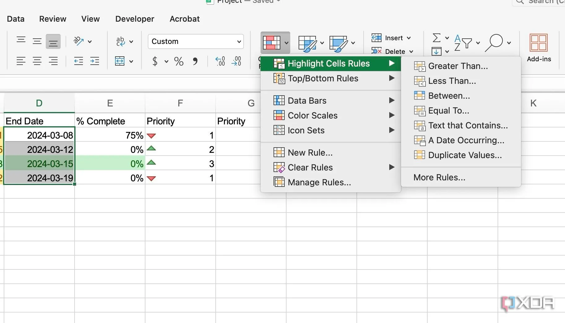 Chọn &quot;Less than&quot; để tạo quy tắc Conditional Formatting cho cột deadline