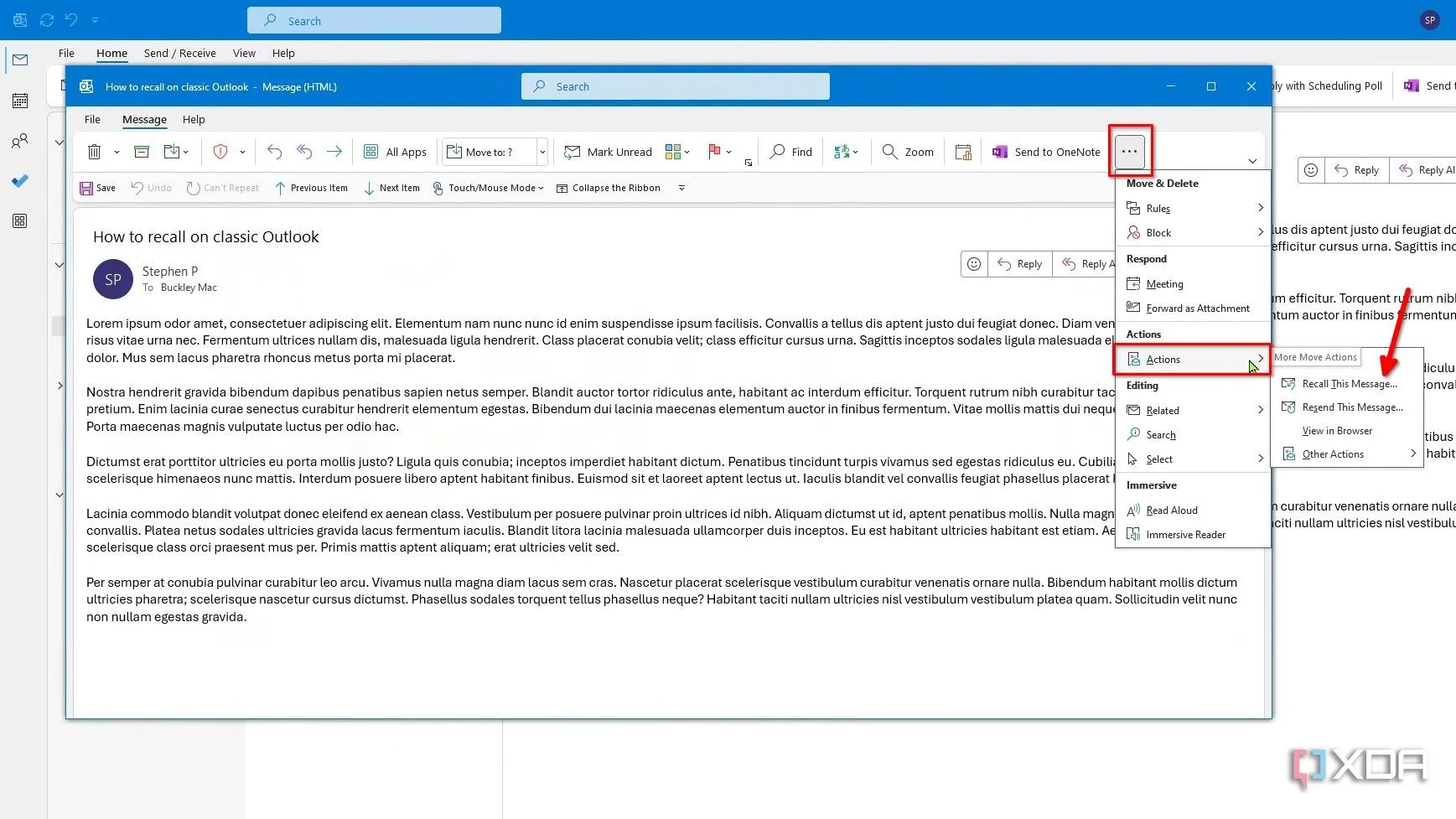 Chọn menu ba chấm, Thao tác, và sau đó Thu hồi tin nhắn này trong Simple Ribbon của Outlook cổ điển