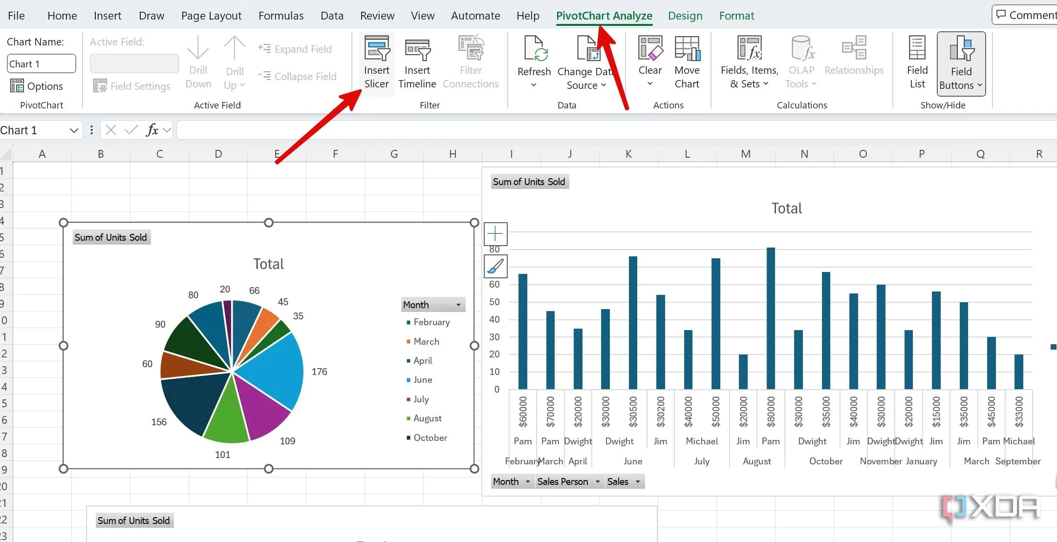 Chọn &quot;PivotChart Analyze&quot; (Phân tích PivotChart) và nhấp &quot;Insert Slicer&quot; (Chèn Slicer) trong Excel để lọc dữ liệu chuyên nghiệp.