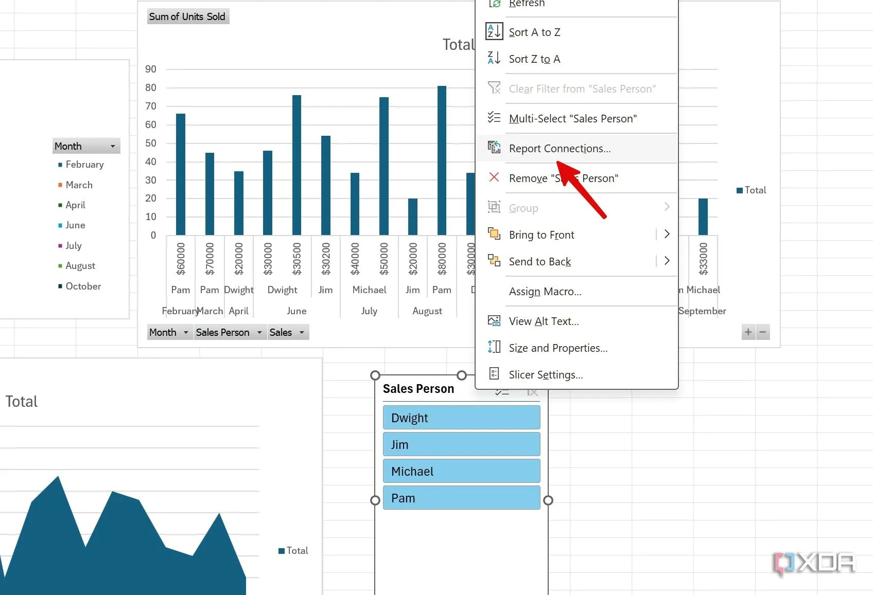 Chọn &quot;Report Connections&quot; (Kết nối Báo cáo) cho Slicer để liên kết nó với các biểu đồ hoặc PivotTable khác trong Excel.