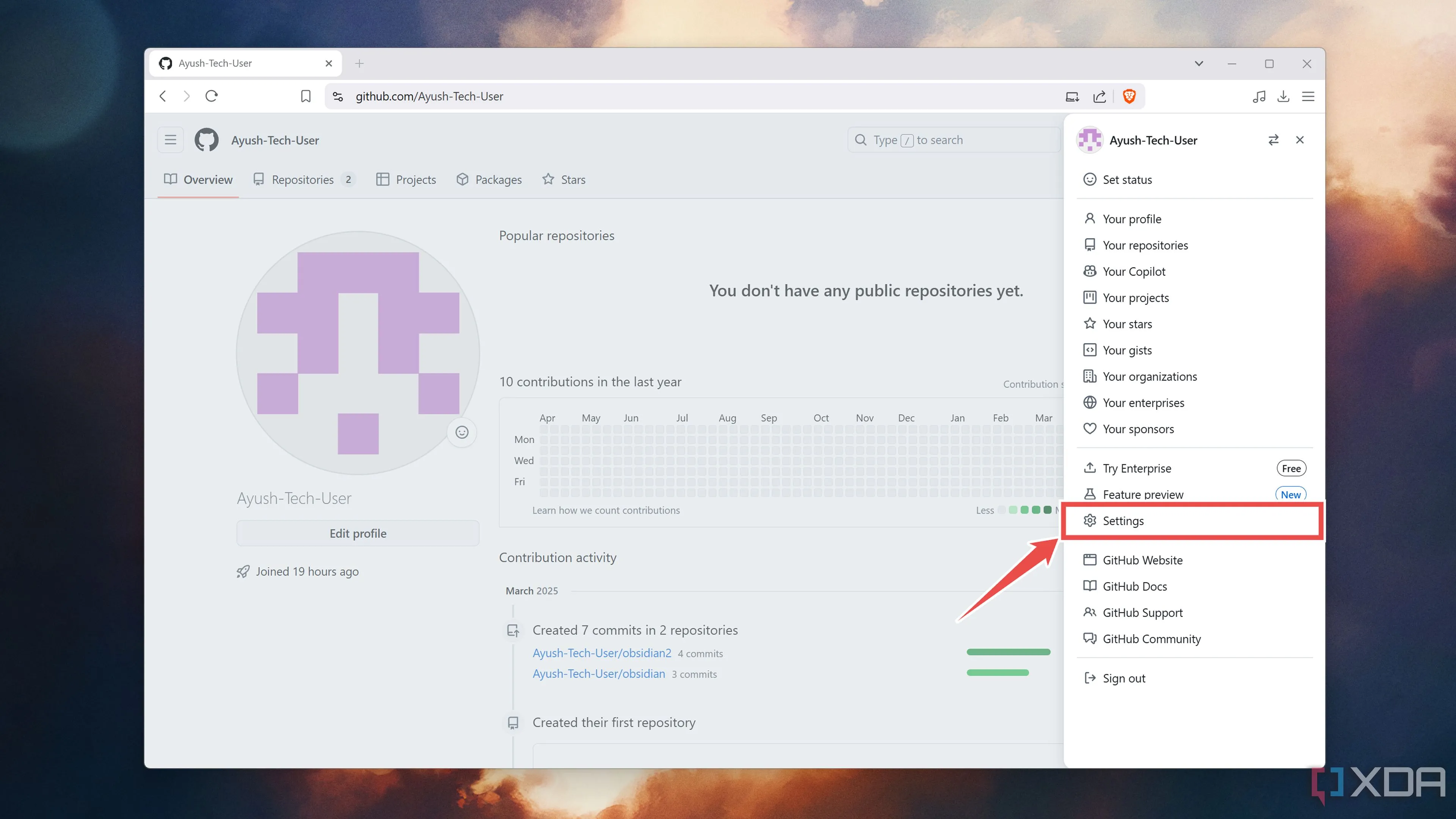Chọn Settings từ menu tài khoản GitHub để truy cập cài đặt