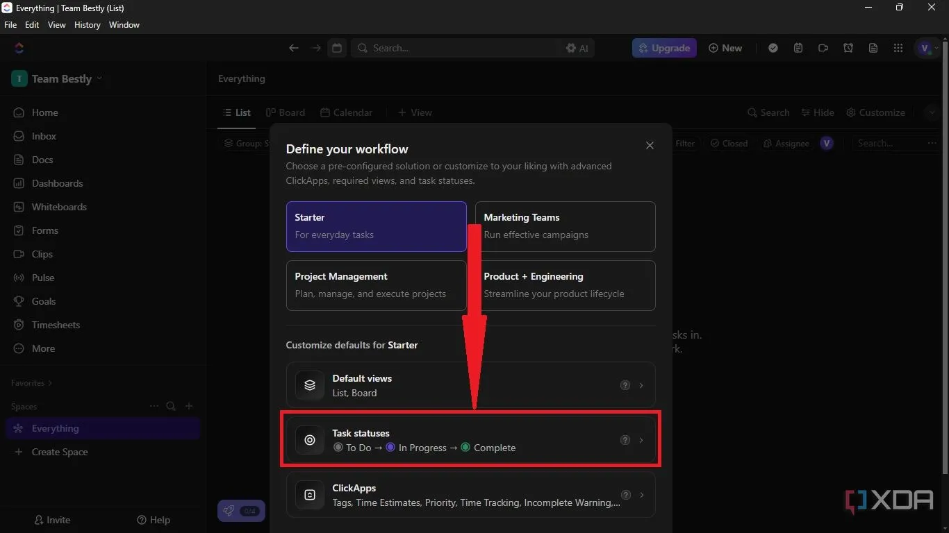 Chọn &quot;Task Statuses&quot; để tùy chỉnh các giai đoạn trạng thái công việc cho Space mới trong ClickUp