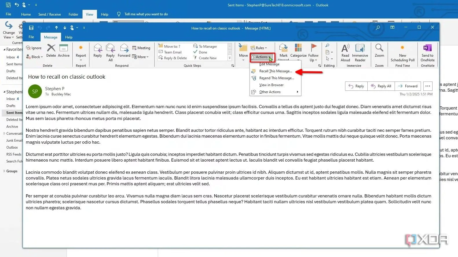 Chọn Thao tác và sau đó Thu hồi tin nhắn trong Classic Ribbon của Outlook cổ điển