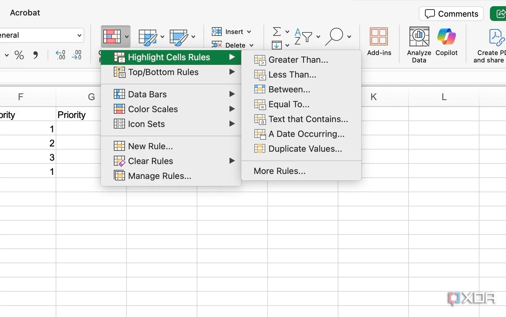 Chọn tùy chọn &quot;Text that contains&quot; trong Conditional Formatting để tạo quy tắc cho trạng thái công việc