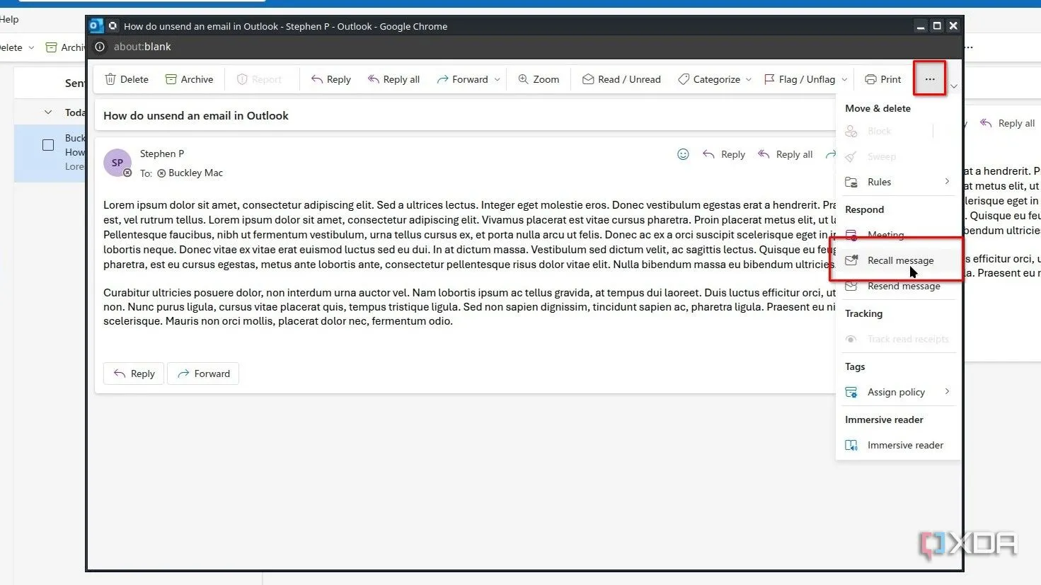 Chọn tùy chọn Thu hồi tin nhắn trong menu ba chấm trên Outlook web hoặc New Outlook