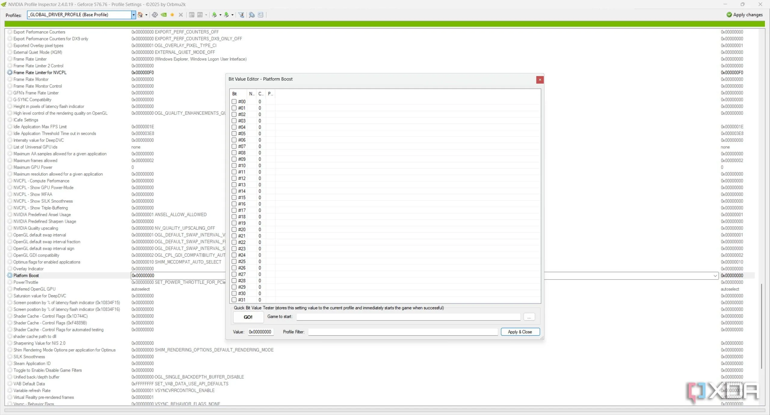 Chức năng bit editor nâng cao trong Nvidia Profile Inspector.
