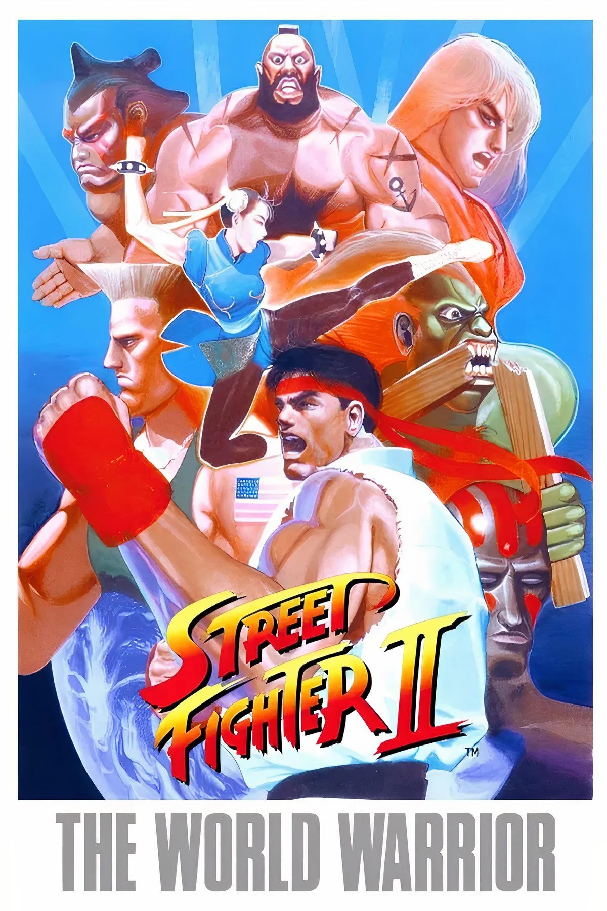 Collage tổng hợp các nhân vật và cảnh chiến đấu trong tựa game đối kháng kinh điển Street Fighter II