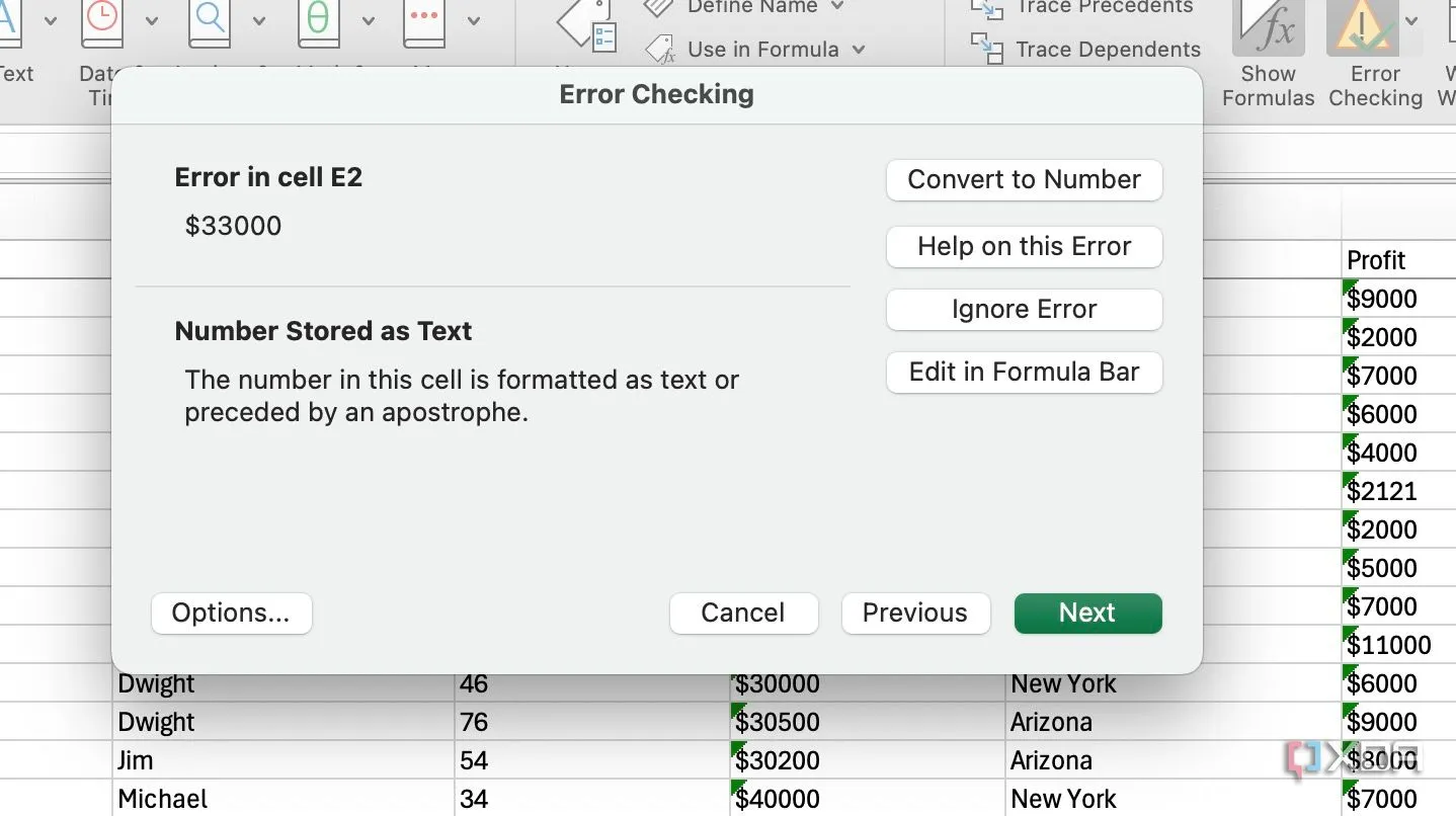 Công cụ Error Checking giúp Excel tự động kiểm tra lỗi phổ biến trong công thức