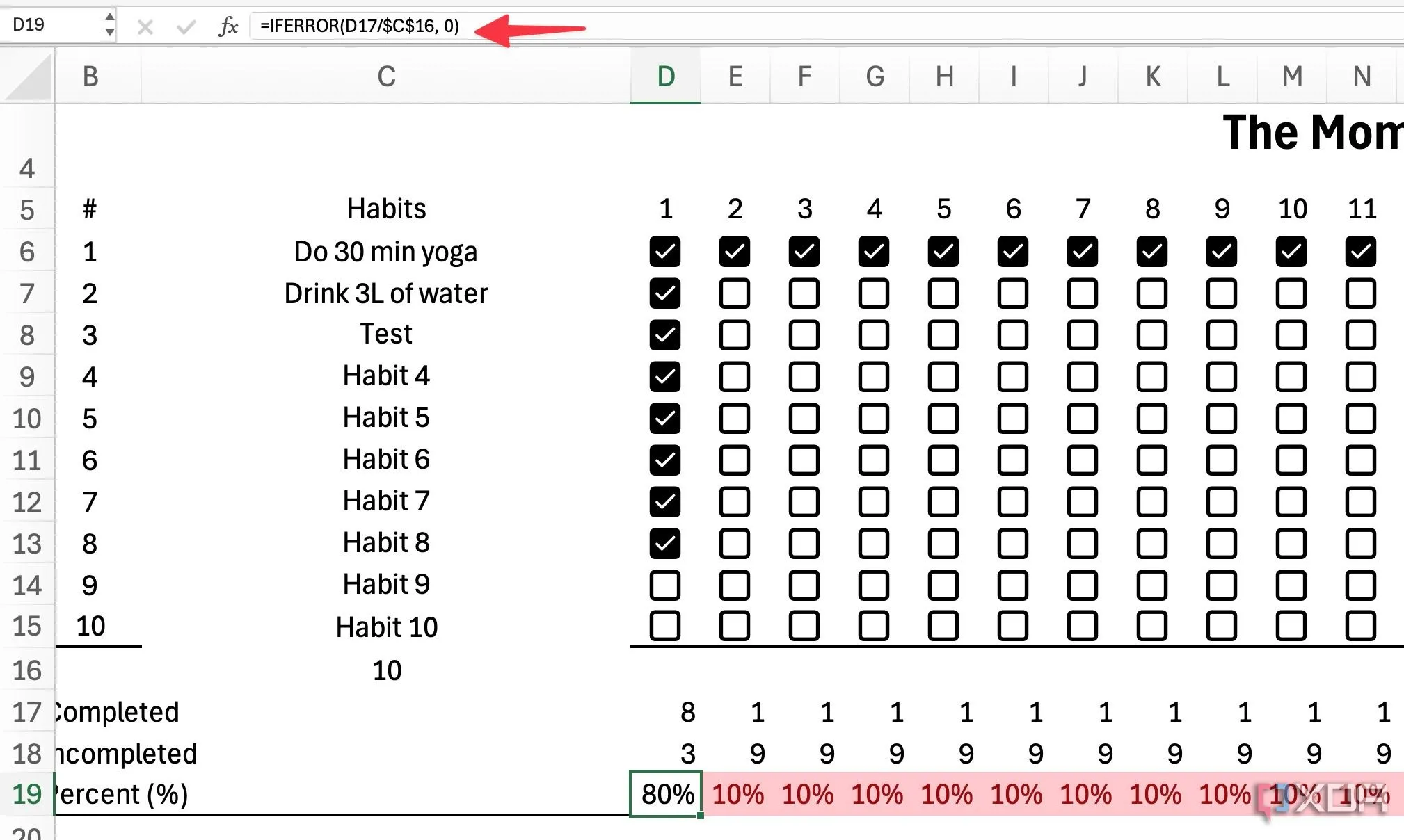 Công thức IFERROR để tính phần trăm hoàn thành thói quen trong Excel