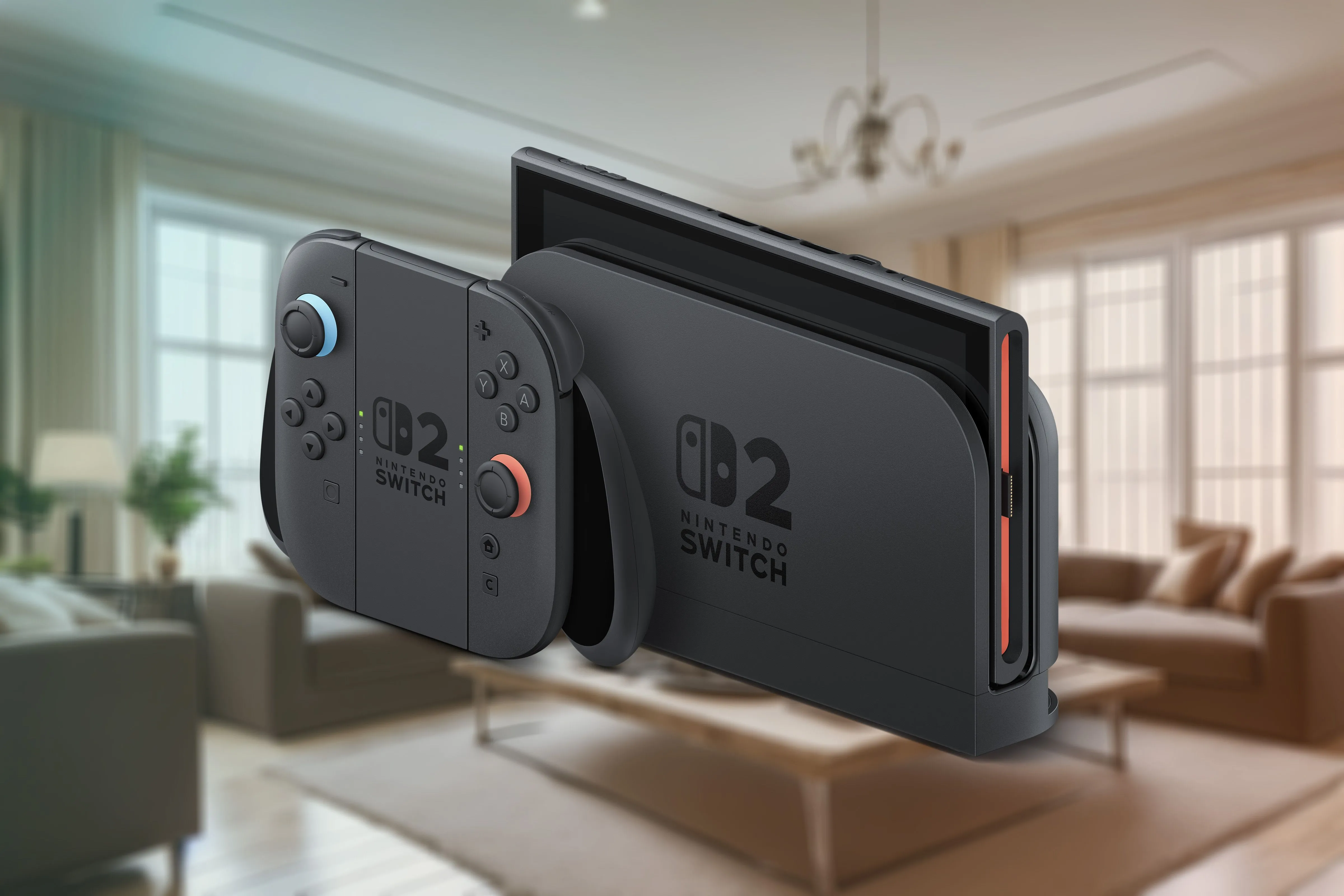 Console Nintendo Switch 2 đặt trong dock cùng tay cầm Joy-Con 2 trên nền phòng khách hiện đại