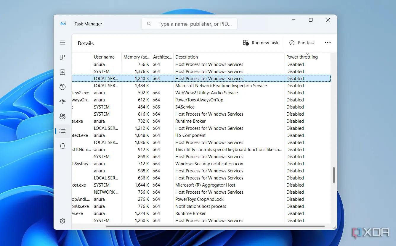 Cột Power Throttling trong Task Manager cho biết liệu một tiến trình có đang bị giới hạn năng lượng để tiết kiệm pin hay không.