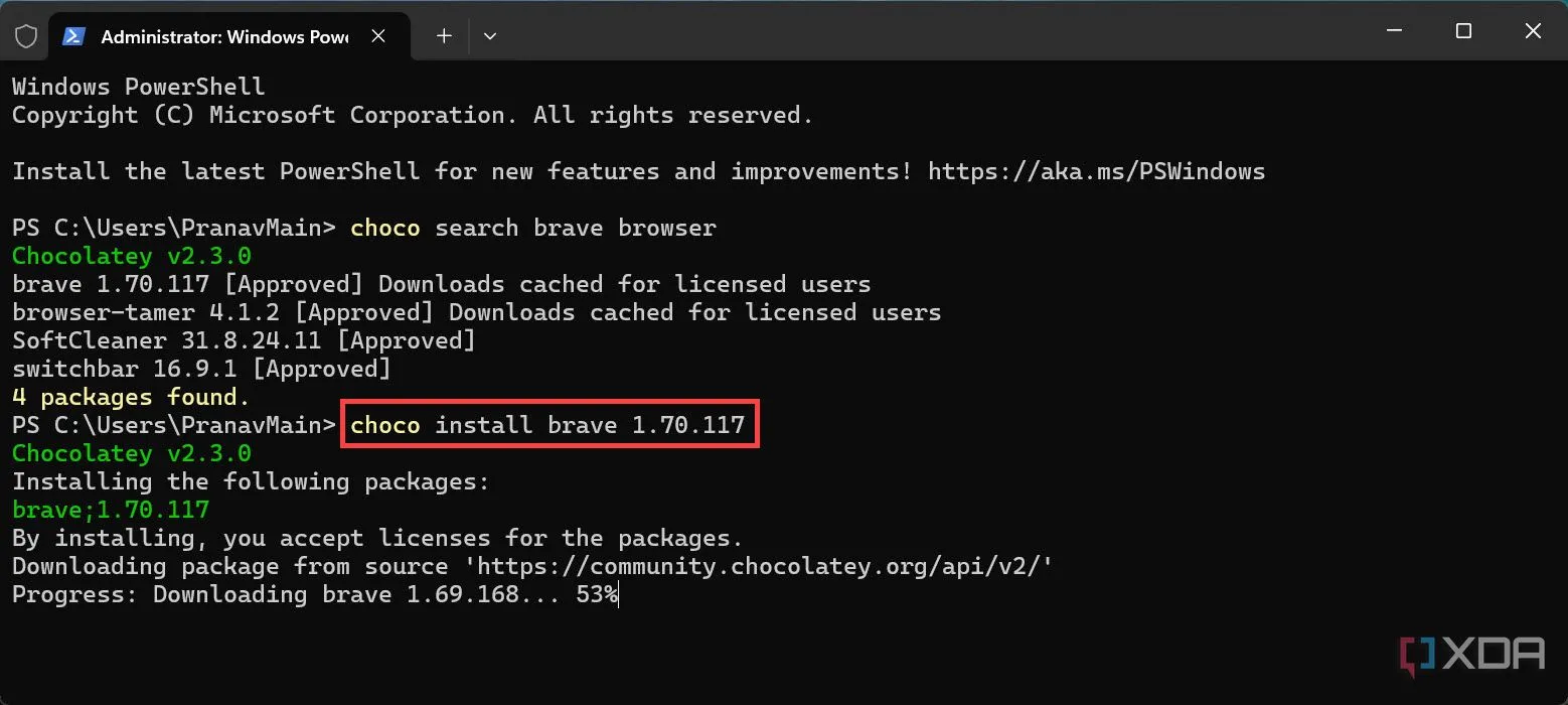 Cú pháp lệnh cài đặt trình duyệt Brave thông qua một trình quản lý gói