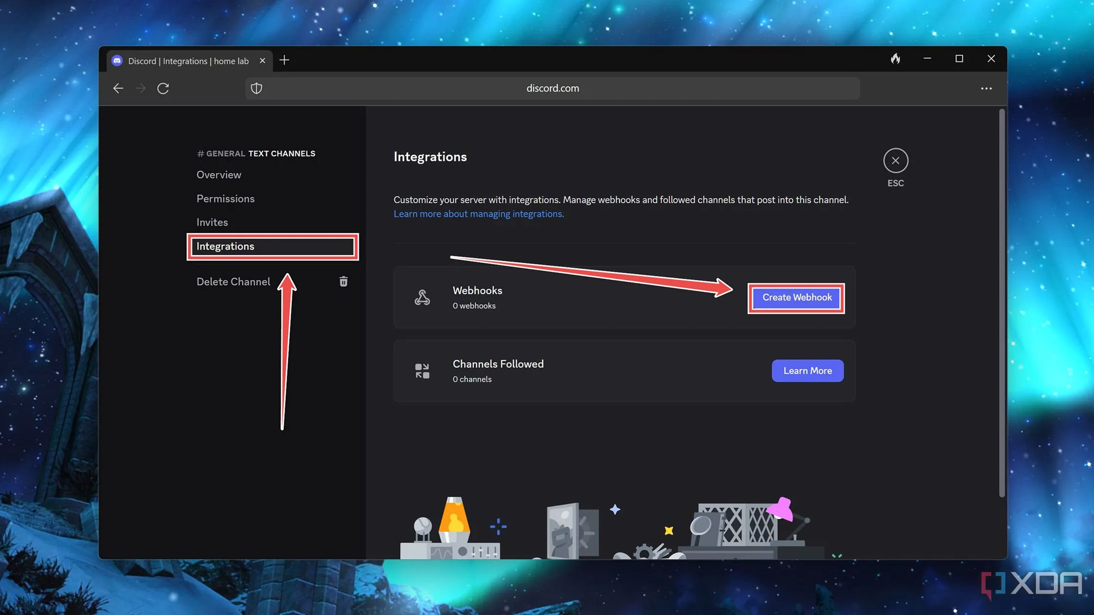 Cửa sổ cài đặt kênh Discord với tab &quot;Integrations&quot; và tùy chọn &quot;Create Webhook&quot;