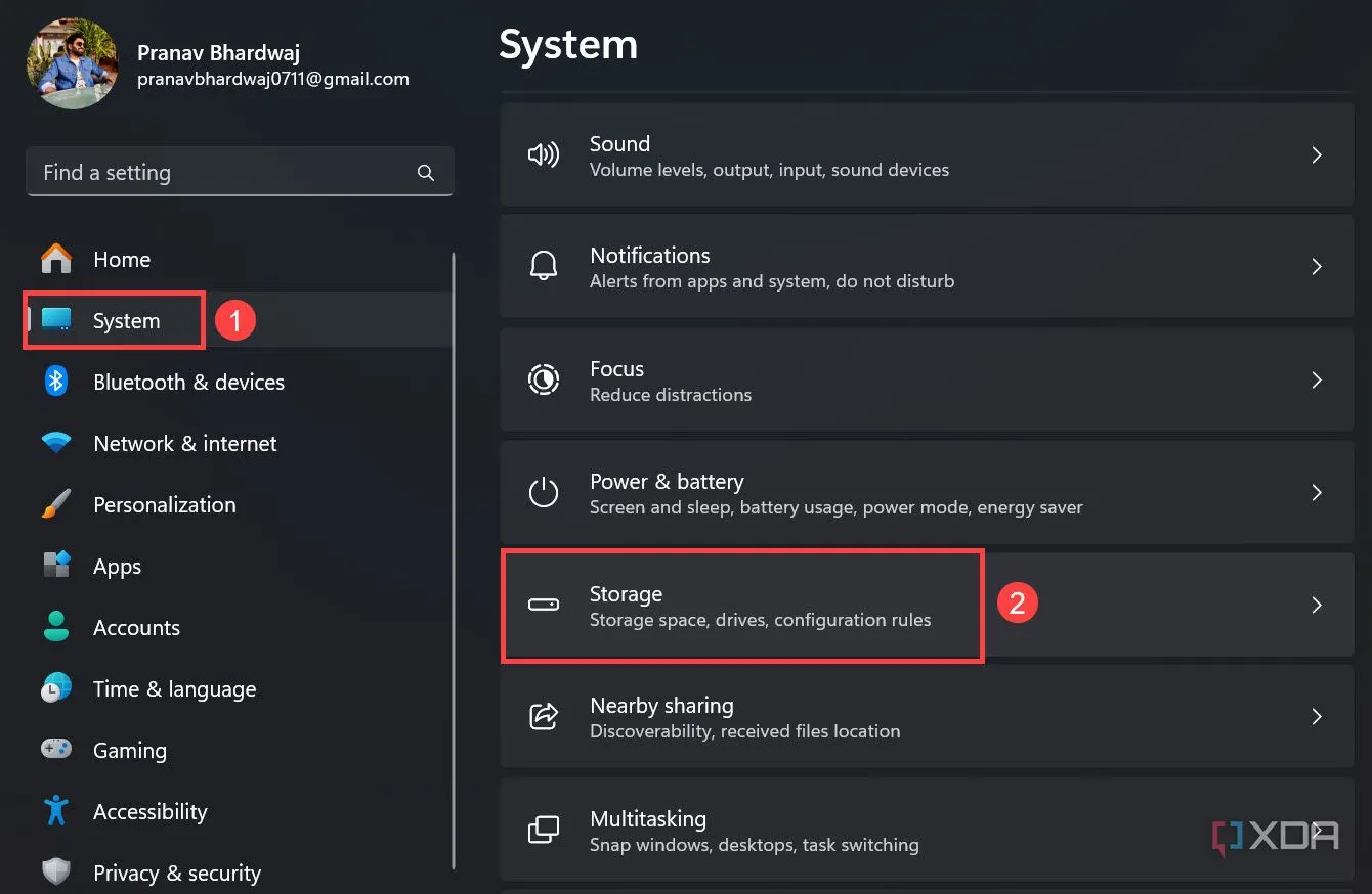 Cửa sổ Cài đặt (Settings) của Windows hiển thị mục Lưu trữ (Storage)
