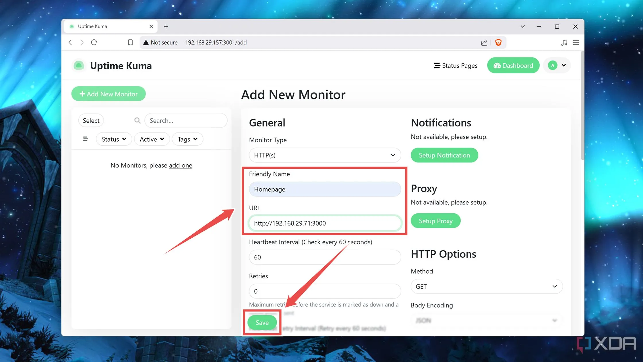 Cửa sổ cấu hình &quot;Add New Monitor&quot; trong Uptime Kuma, cho phép nhập tên dịch vụ và URL cần giám sát