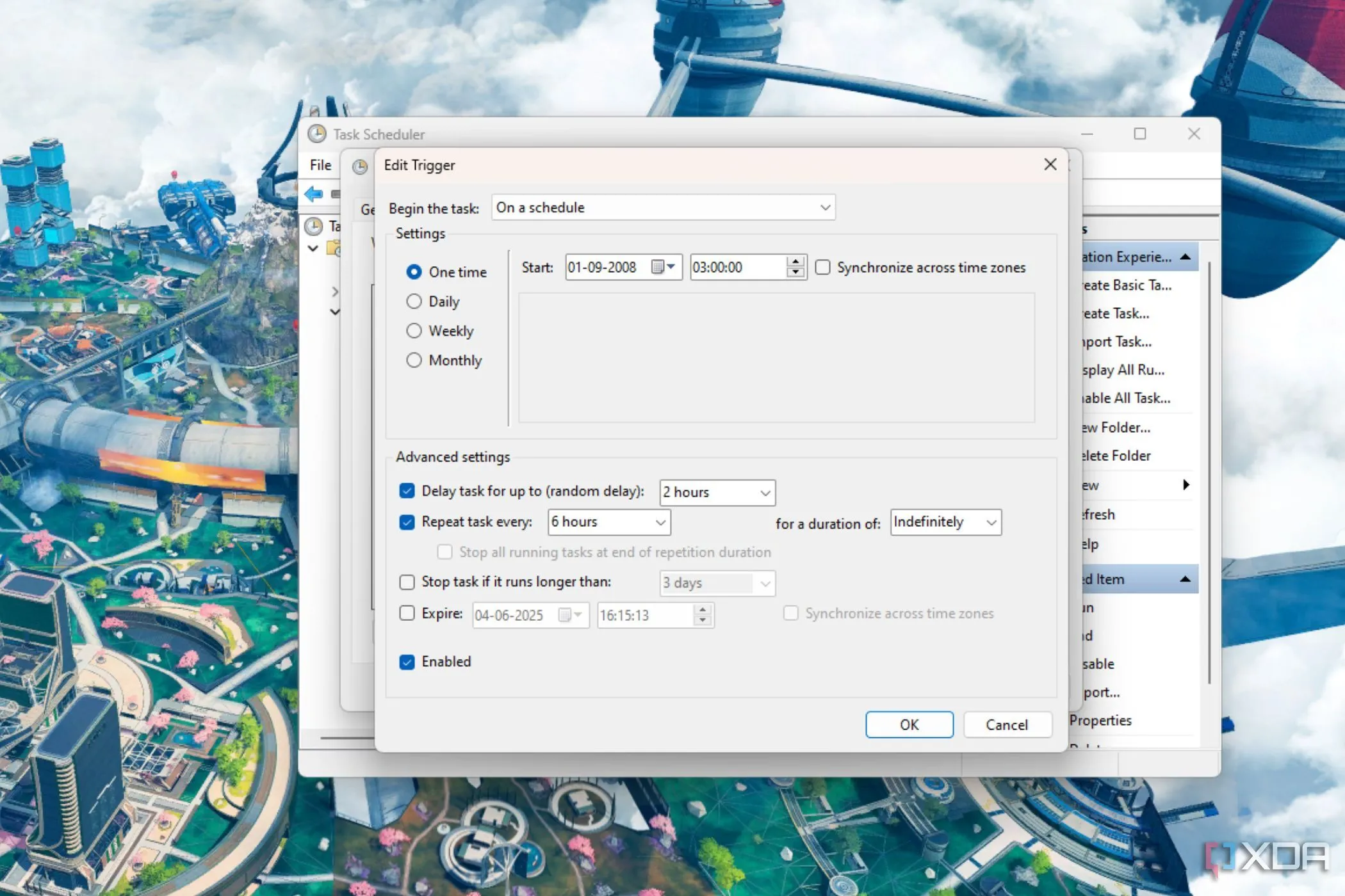 Cửa sổ chỉnh sửa kích hoạt tác vụ trong Windows Task Scheduler
