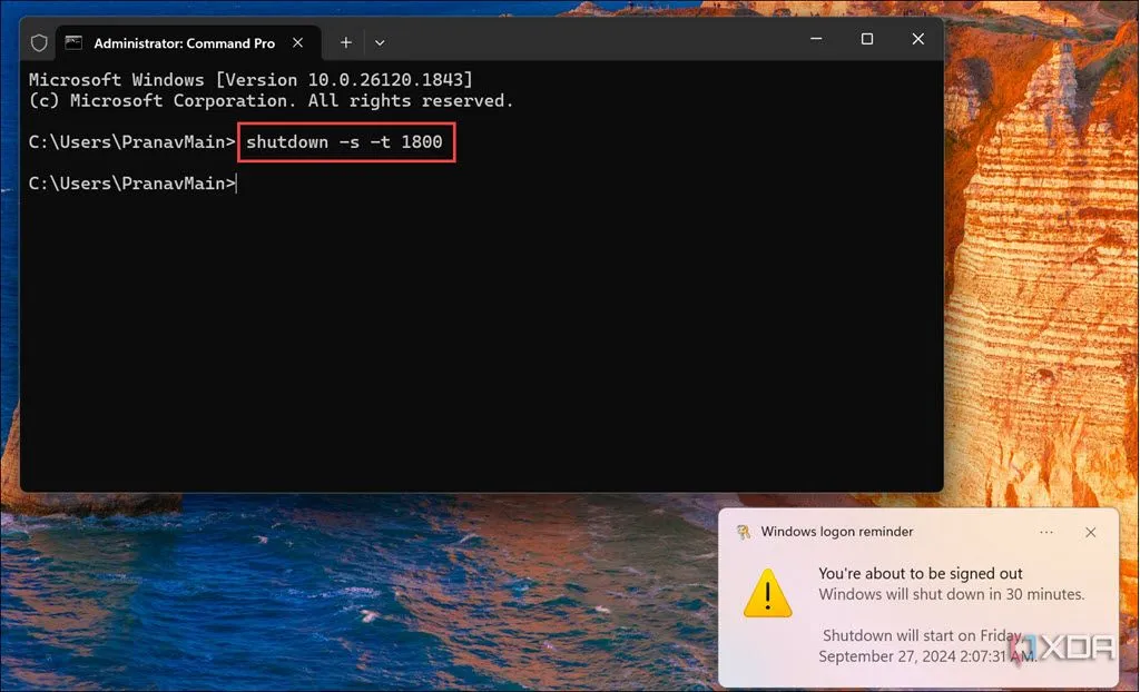 Cửa sổ Command Prompt với lệnh tắt máy tính Windows theo thời gian