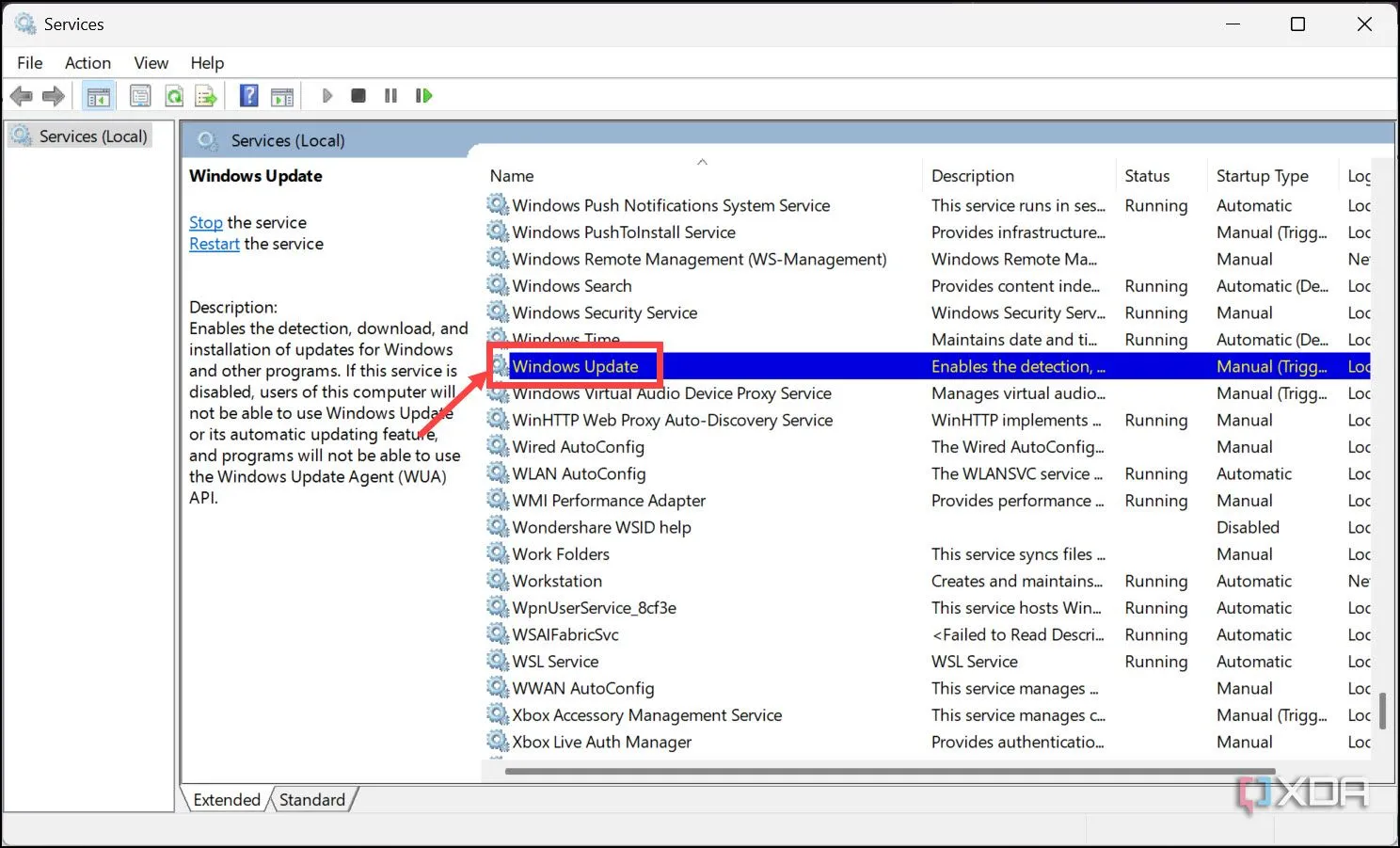 Cửa sổ Dịch vụ (Services) của Windows hiển thị tùy chọn cho dịch vụ Windows Update