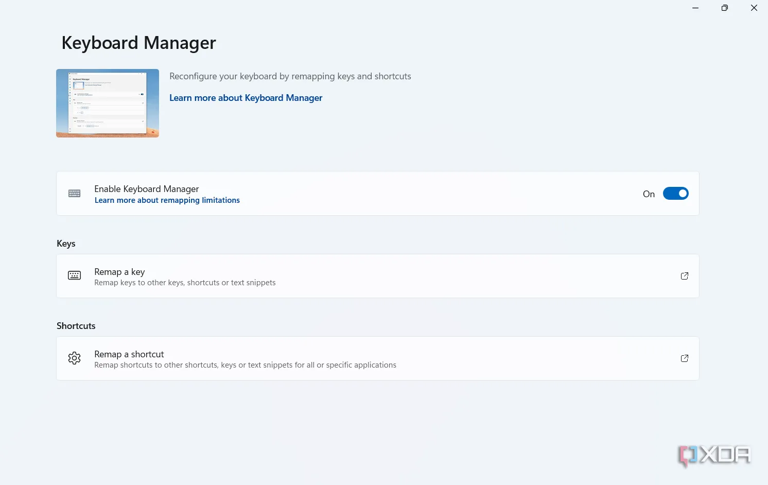 Cửa sổ Keyboard Manager trong PowerToys, hiển thị tùy chọn ánh xạ lại phím tắt để mở một chương trình