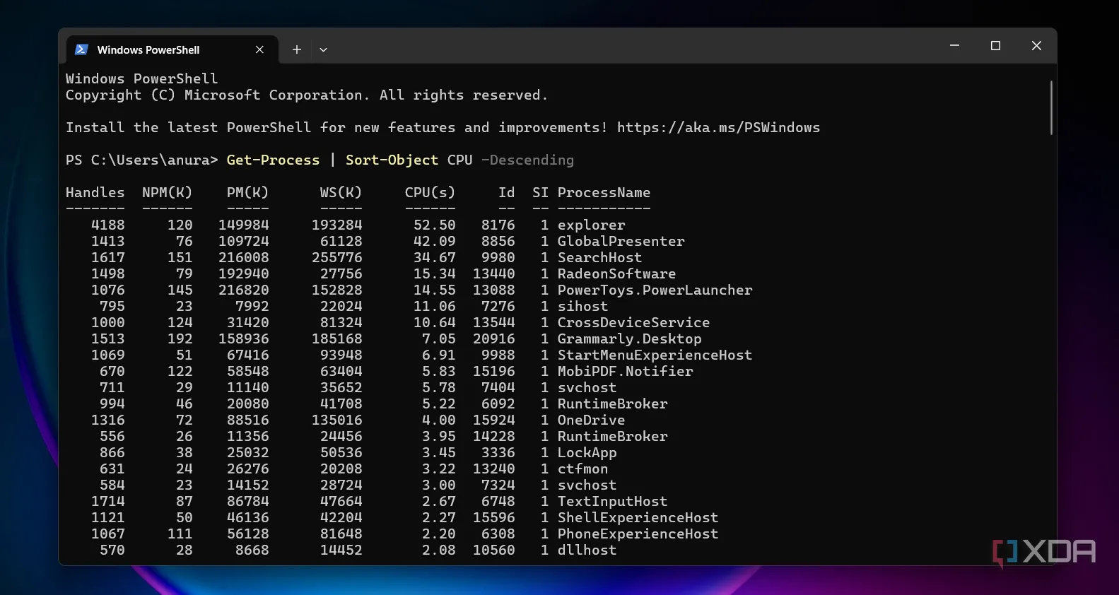 Cửa sổ PowerShell hiển thị thông tin hiệu suất hệ thống, phục vụ chẩn đoán và quản lý nâng cao