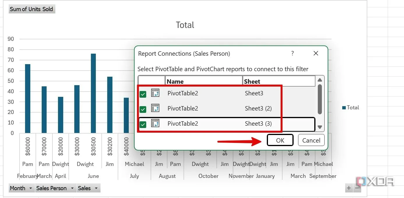 Cửa sổ &quot;Report Connections&quot; (Kết nối Báo cáo) hiển thị các PivotTable hoặc biểu đồ để chọn liên kết với Slicer đã tạo.