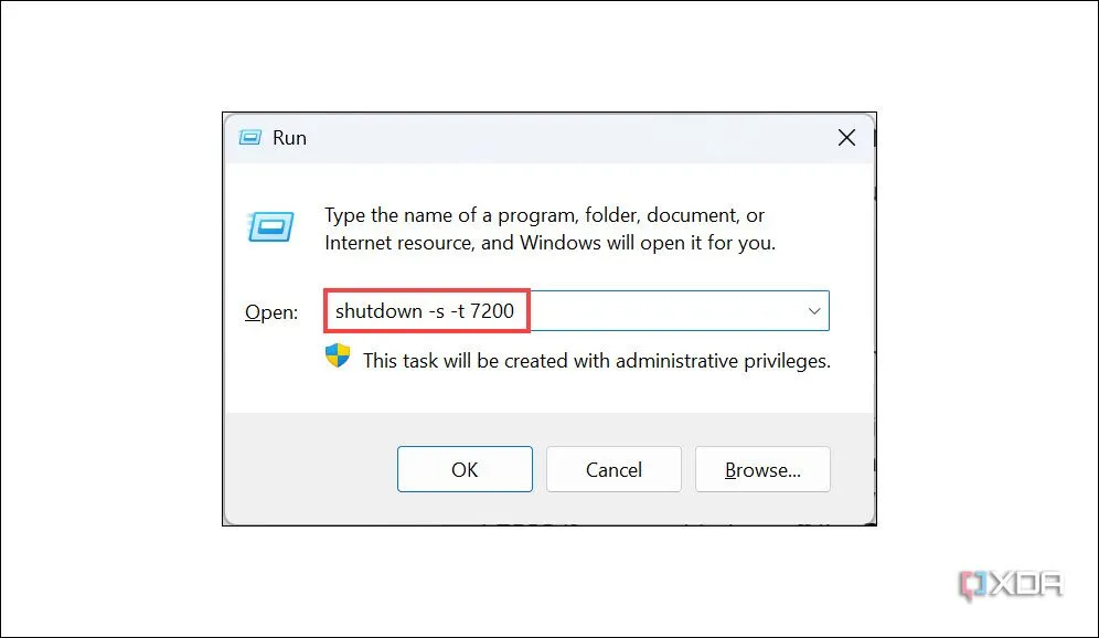 Cửa sổ Run hiển thị lệnh hẹn giờ tắt máy tính Windows 11