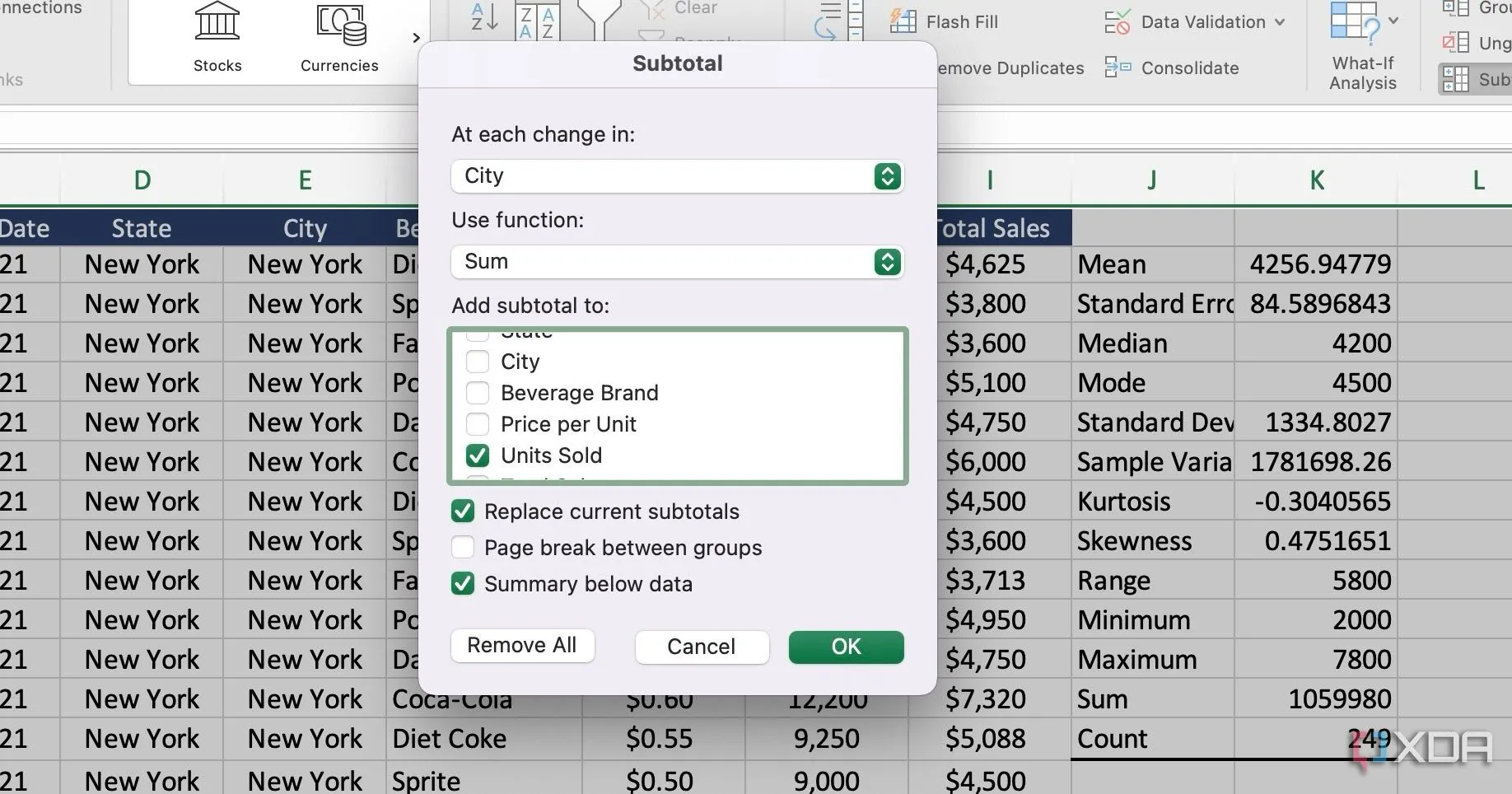 Cửa sổ Subtotal trong Excel để cấu hình nhóm và tóm tắt dữ liệu