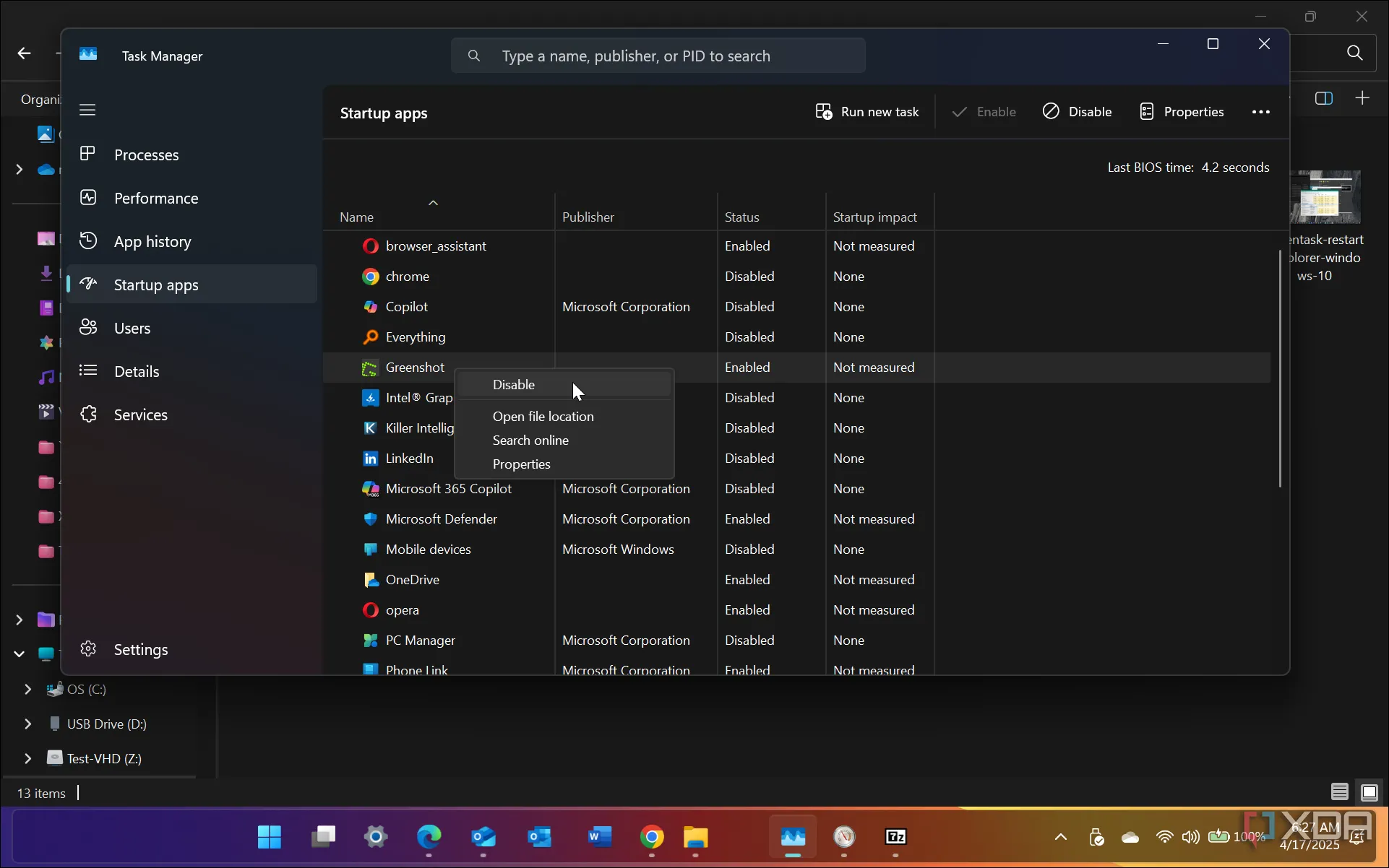 Cửa sổ Task Manager hiển thị thẻ 'Startup apps' để quản lý các ứng dụng khởi động cùng Windows