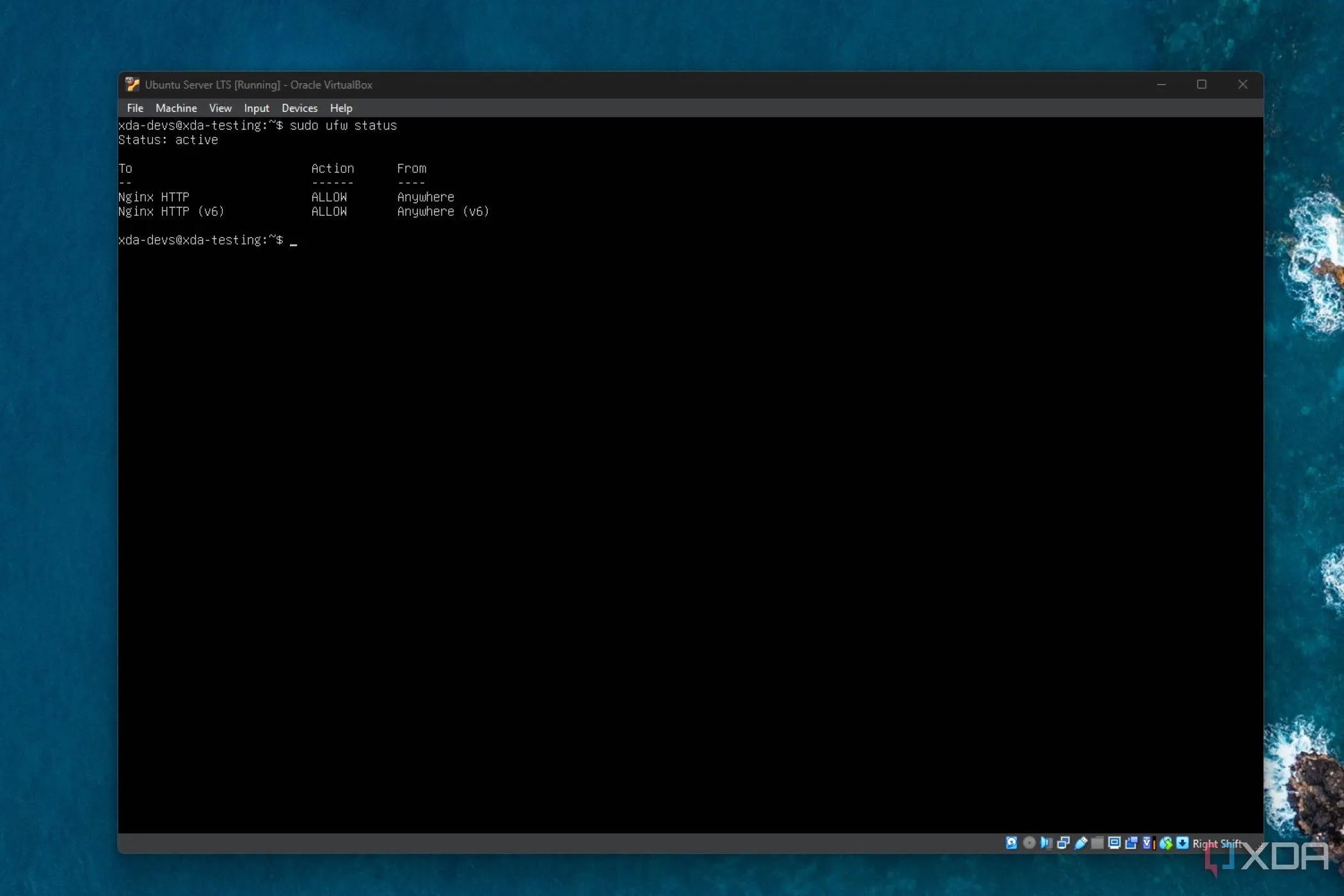 Cửa sổ terminal hiển thị kết quả lệnh sudo ufw status sau khi cấu hình firewall cho Nginx trên Ubuntu