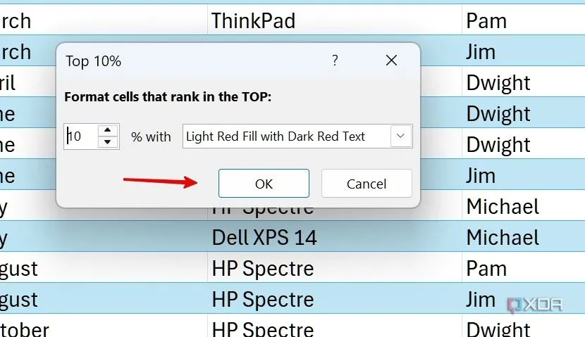 Cửa sổ &quot;Top 10% Conditional Formatting&quot; (Định dạng có điều kiện Top 10%) trong Excel để chọn kiểu định dạng và áp dụng, giúp trực quan hóa dữ liệu.
