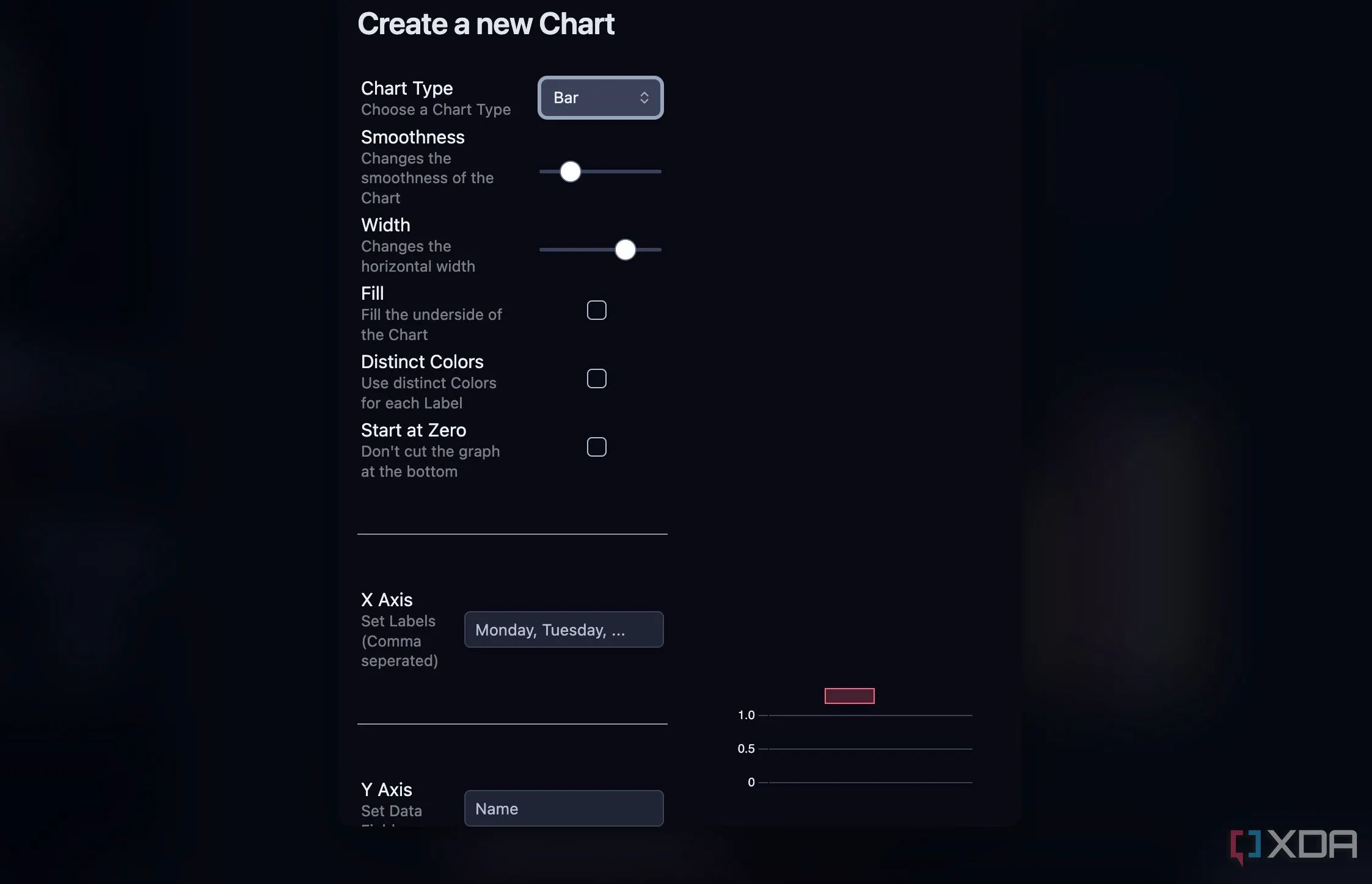 Cửa sổ tùy chỉnh biểu đồ của Plugin Charts trong Obsidian, cho phép người dùng chọn loại biểu đồ, độ mịn, chiều rộng và dữ liệu cho trục X, Y