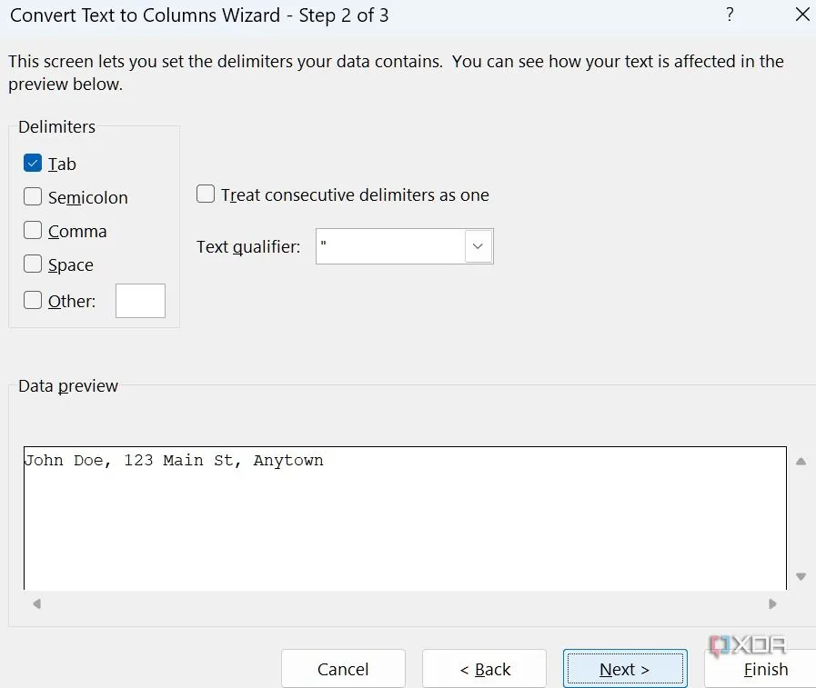 Cửa sổ tùy chọn &quot;Convert Text to Columns Wizard&quot; (Trình hướng dẫn chuyển đổi văn bản thành cột) trong Excel, hiển thị các lựa chọn phân tách dữ liệu.