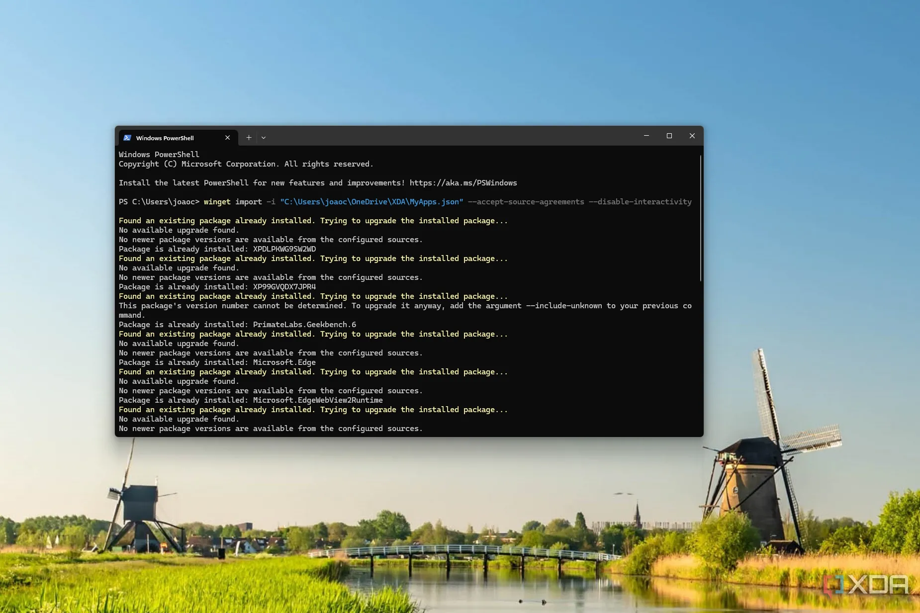 Cửa sổ Windows Terminal đang chạy lệnh winget import để cài đặt hàng loạt ứng dụng