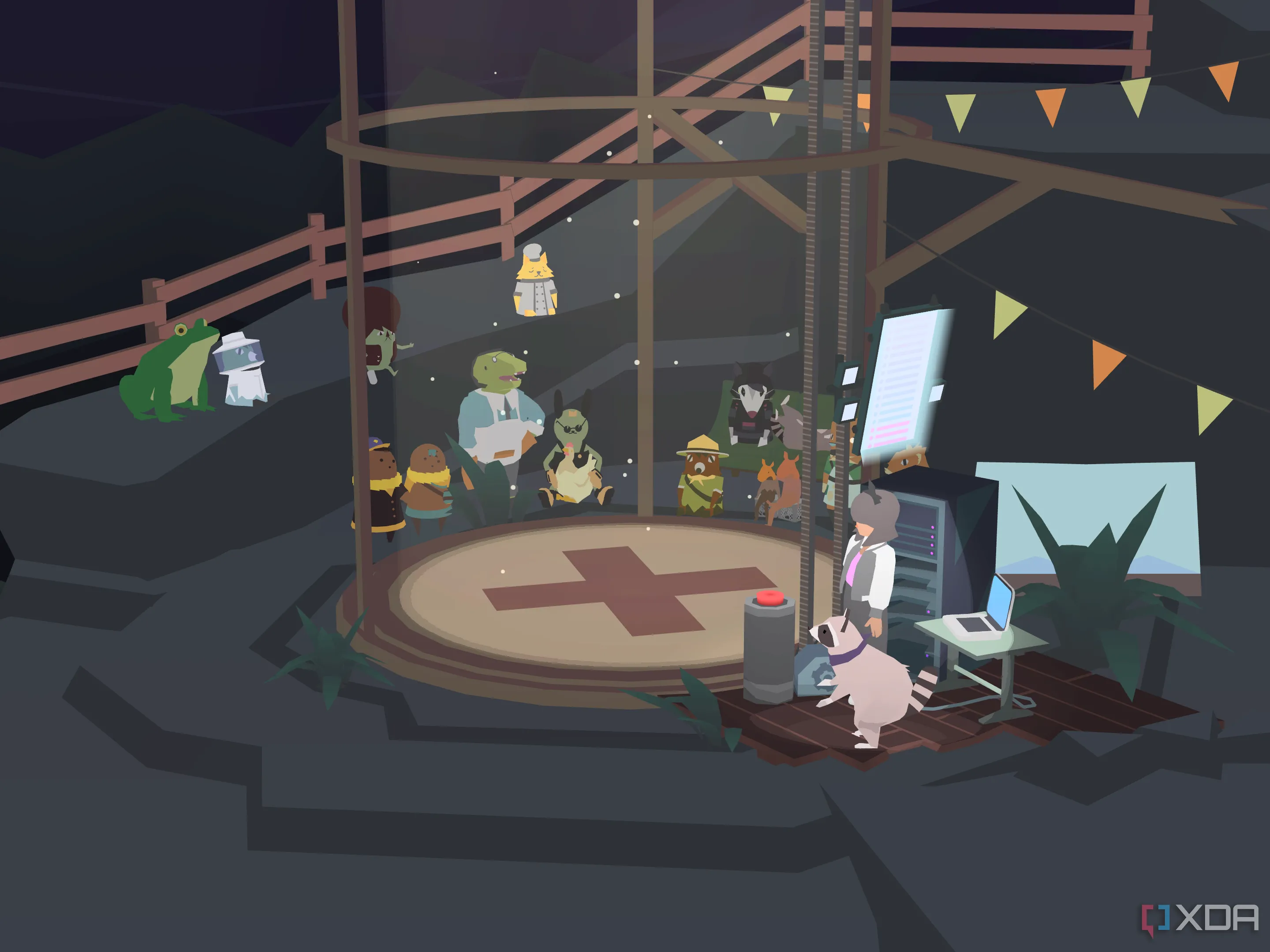 Dàn diễn viên của Donut County trong một cái hố dưới lòng đất