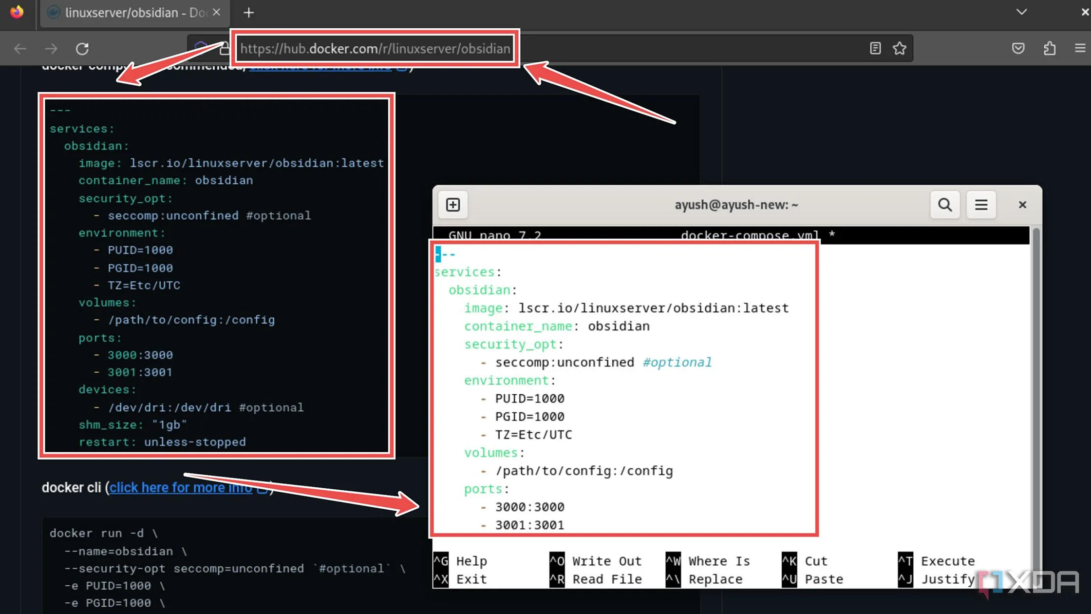 Dán mã cấu hình Docker Compose cho Obsidian vào file yml