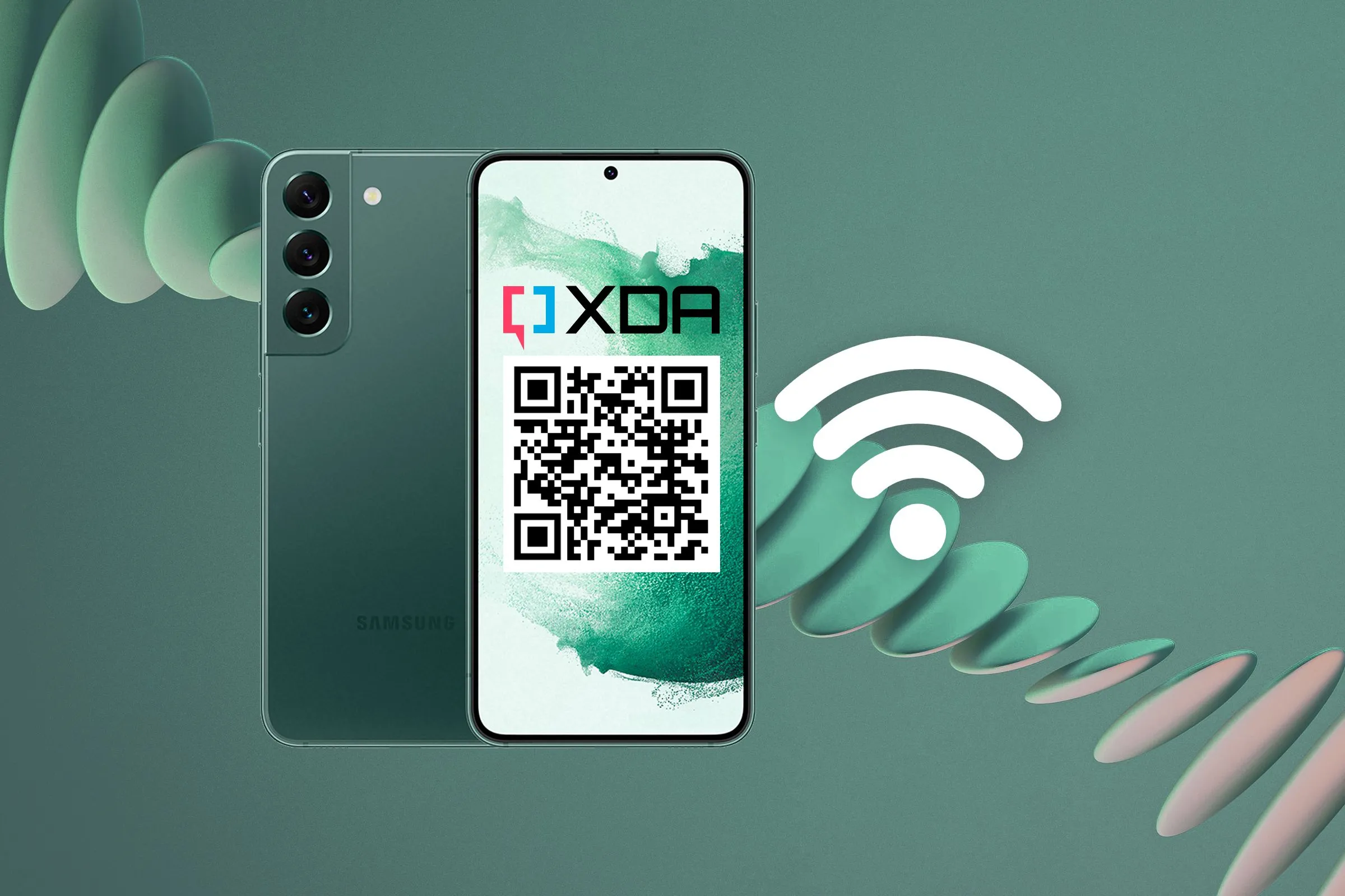 Điện thoại Samsung Galaxy S22 hiển thị mã QR để chia sẻ mật khẩu Wi-Fi.