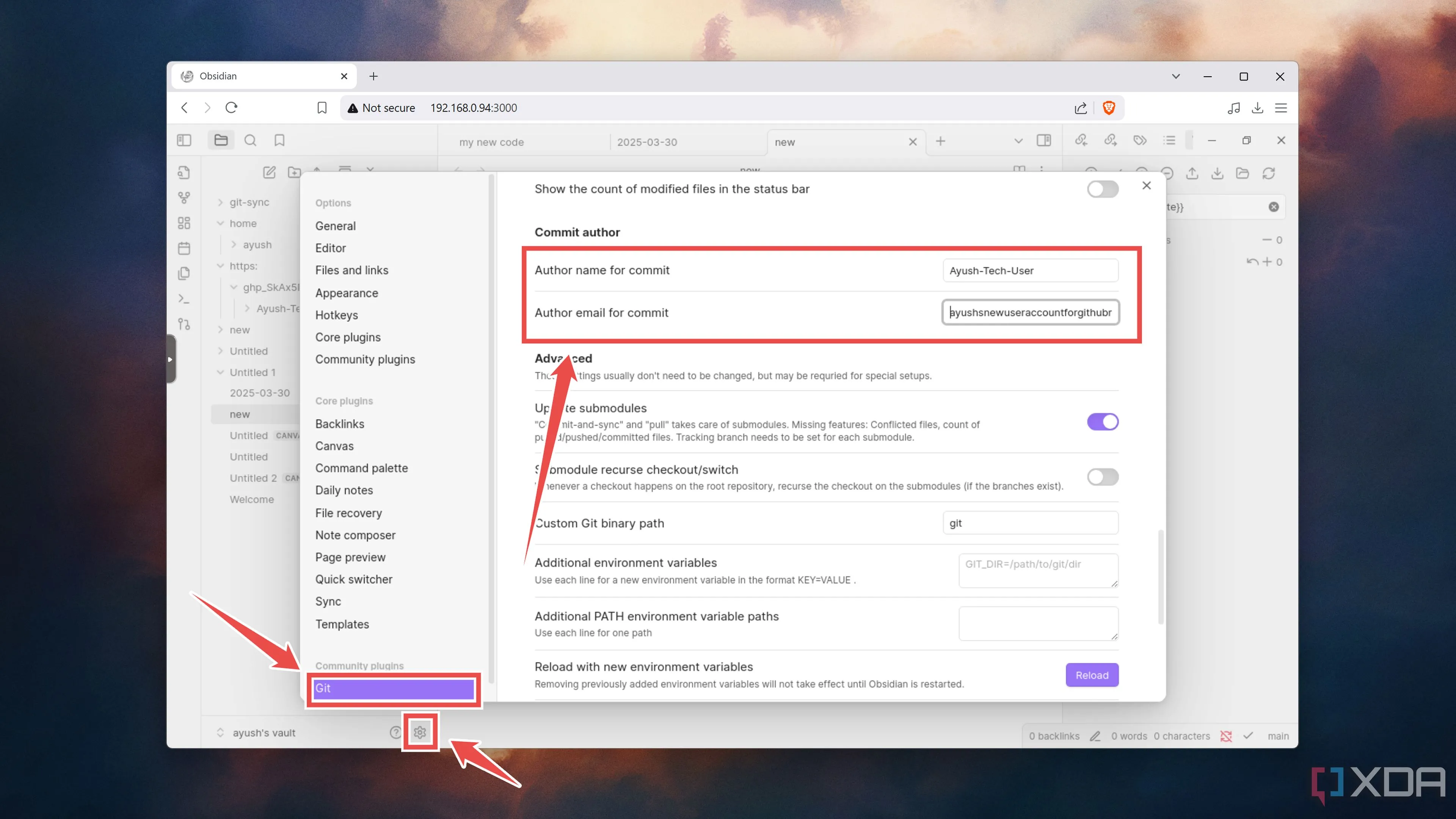 Điền thông tin tác giả (Username, Email) trong cài đặt plugin Git của Obsidian