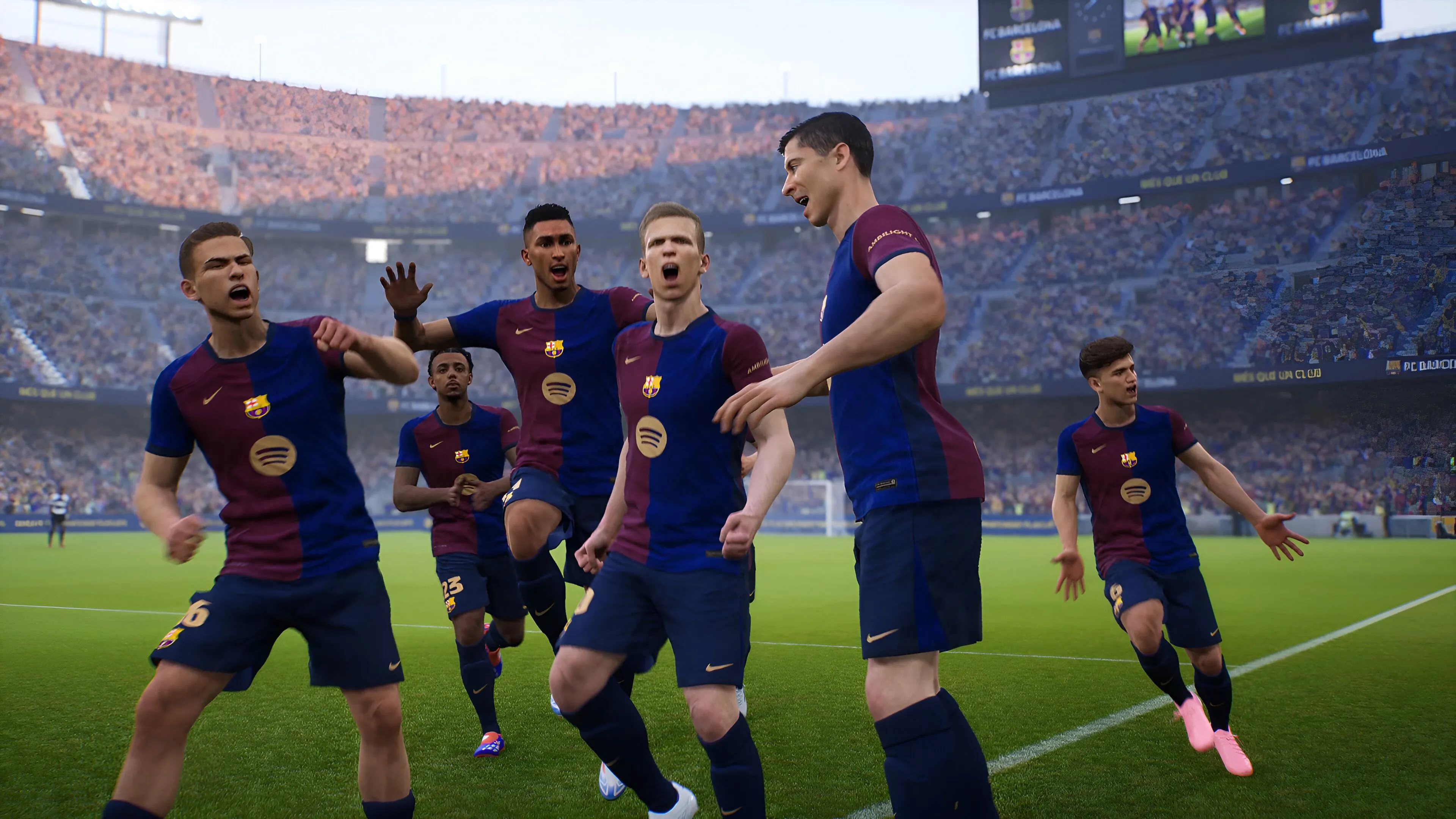 Đội bóng Barcelona trong game eFootball của Konami đang ăn mừng bàn thắng, đồ họa và biểu cảm cầu thủ bị đánh giá thấp.
