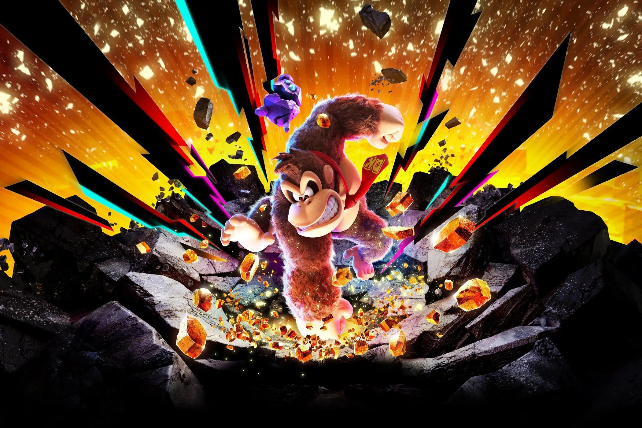 Donkey Kong đang dùng tay đấm mạnh xuống đất, thể hiện cơ chế phá hủy môi trường trung tâm trong lối chơi của Donkey Kong Bananza trên Nintendo Switch 2, tạo ra hiệu ứng voxel độc đáo.