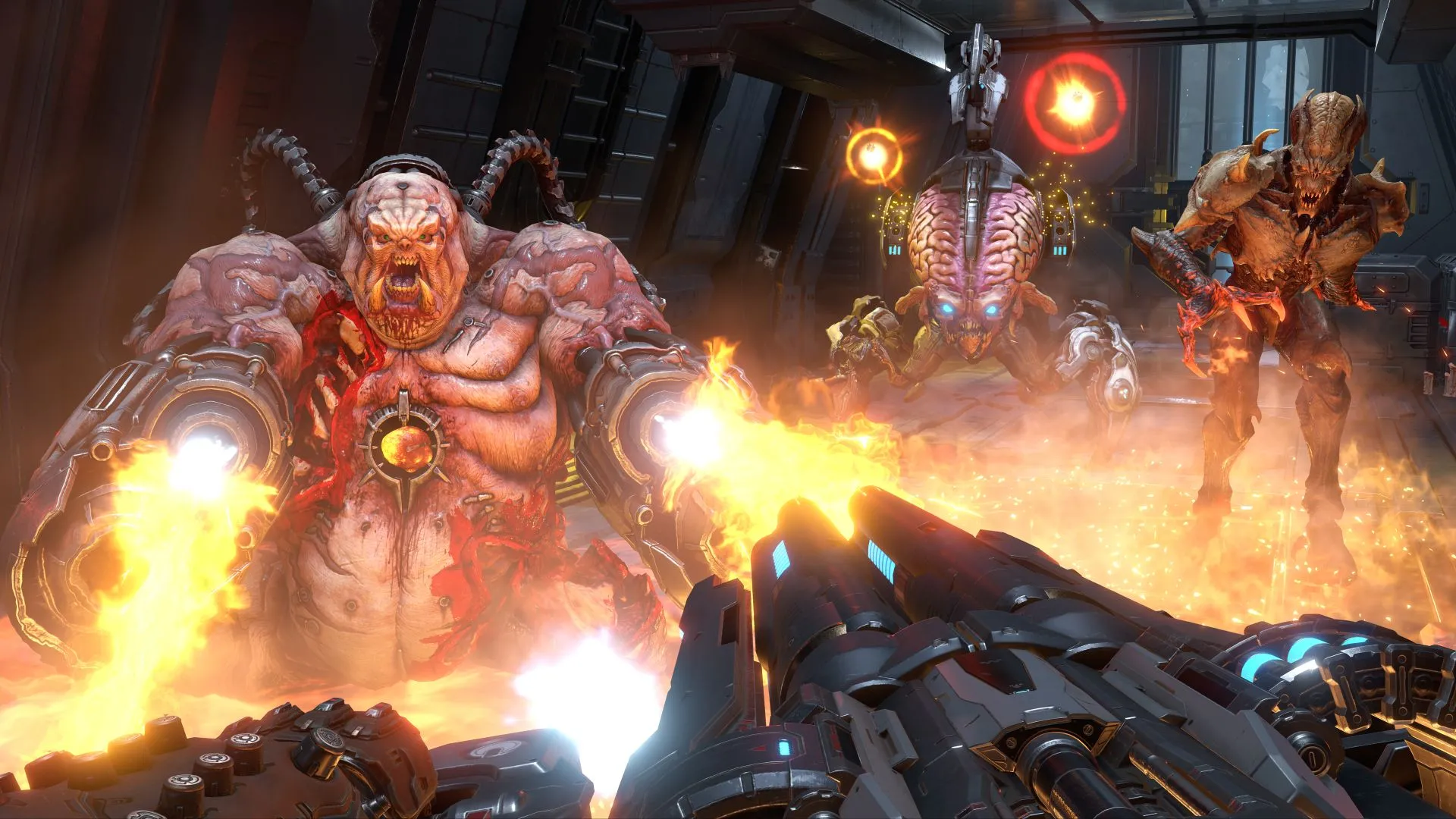 Doom Eternal multiplayer mode, three large demons fighting Doom Slayer