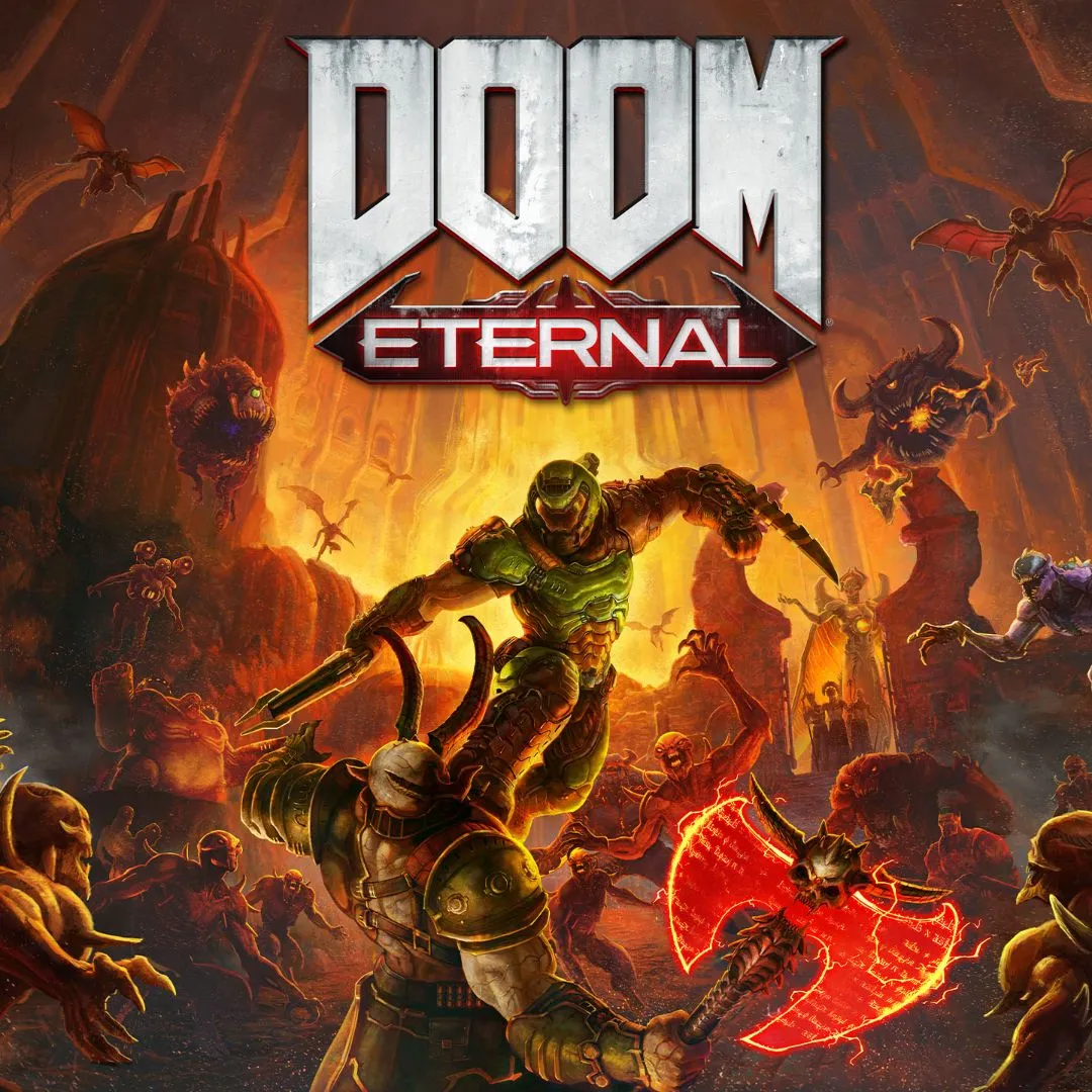 Doom Slayer chiến đấu với quỷ dữ trong môi trường rực lửa của Doom Eternal, biểu tượng của độ khó Ultra Nightmare.