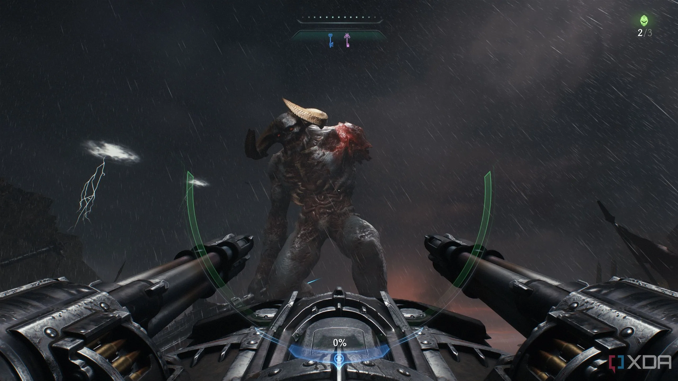 Doom Slayer điều khiển khẩu pháo cố định, xả đạn vào lũ quỷ khổng lồ trong một phân đoạn turret của Doom The Dark Ages