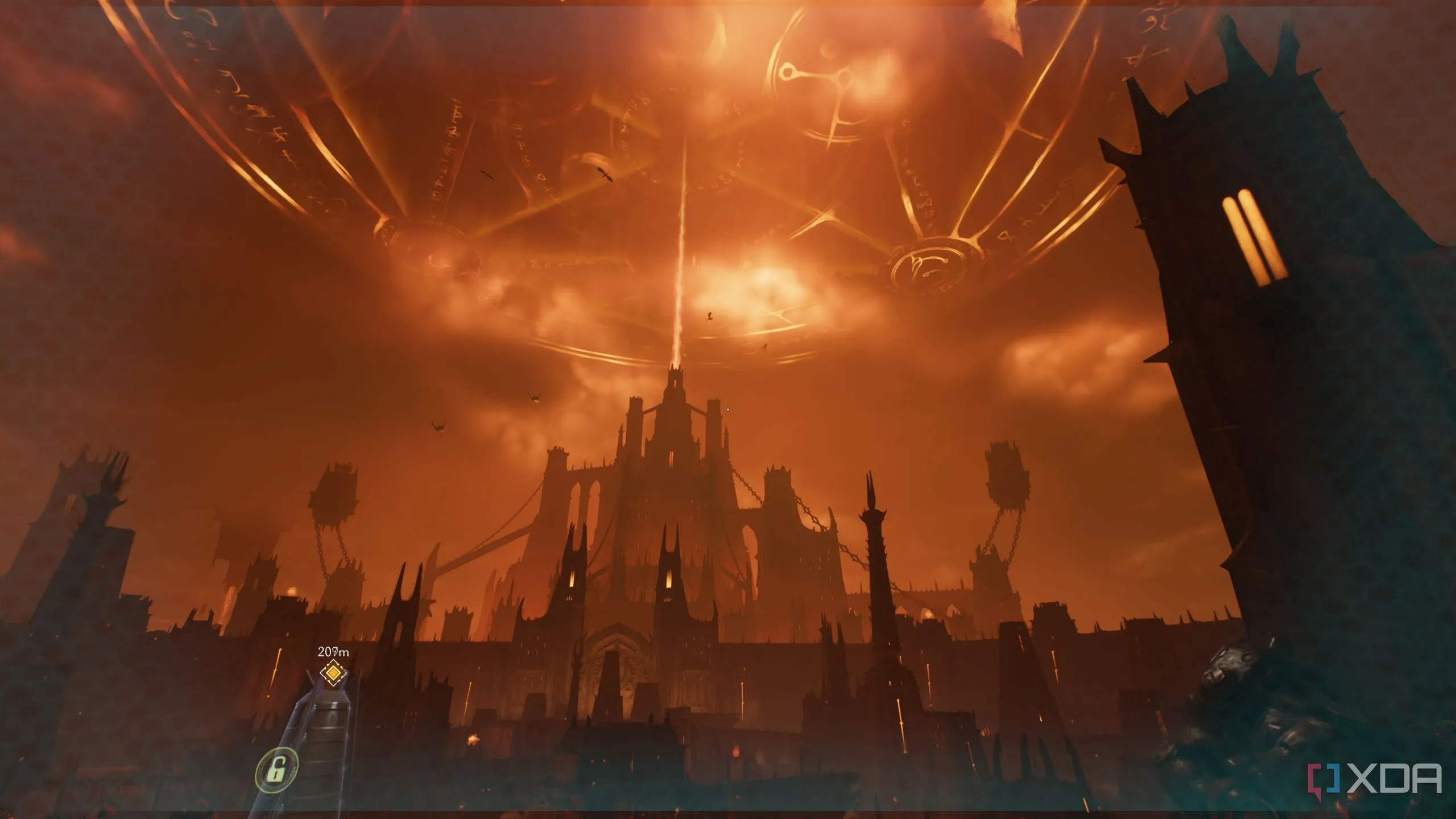 Doom Slayer khám phá một màn chơi rộng lớn với nhiều cổng arena, thể hiện thiết kế cấp độ mở của Doom The Dark Ages