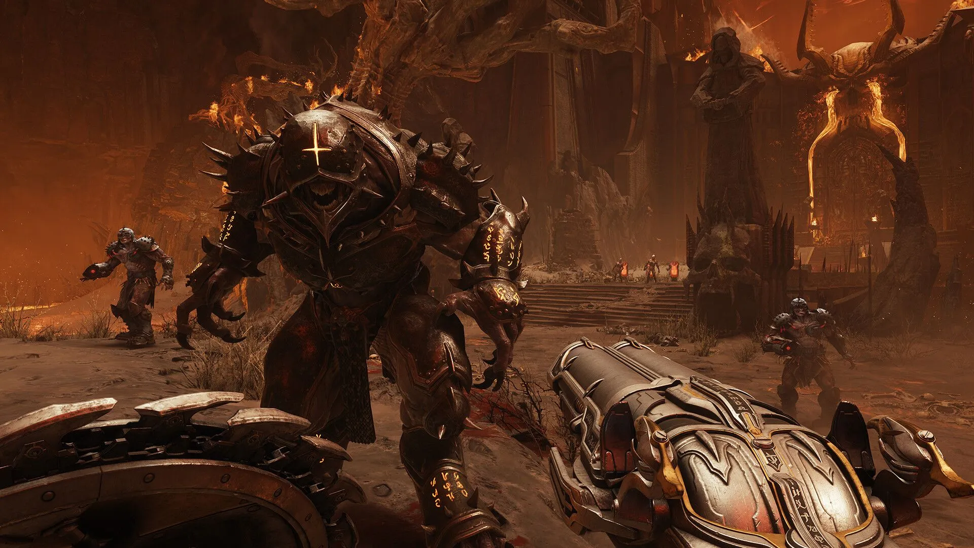 Doom Slayer sử dụng khiên cưa máy và súng gai trong Doom The Dark Ages