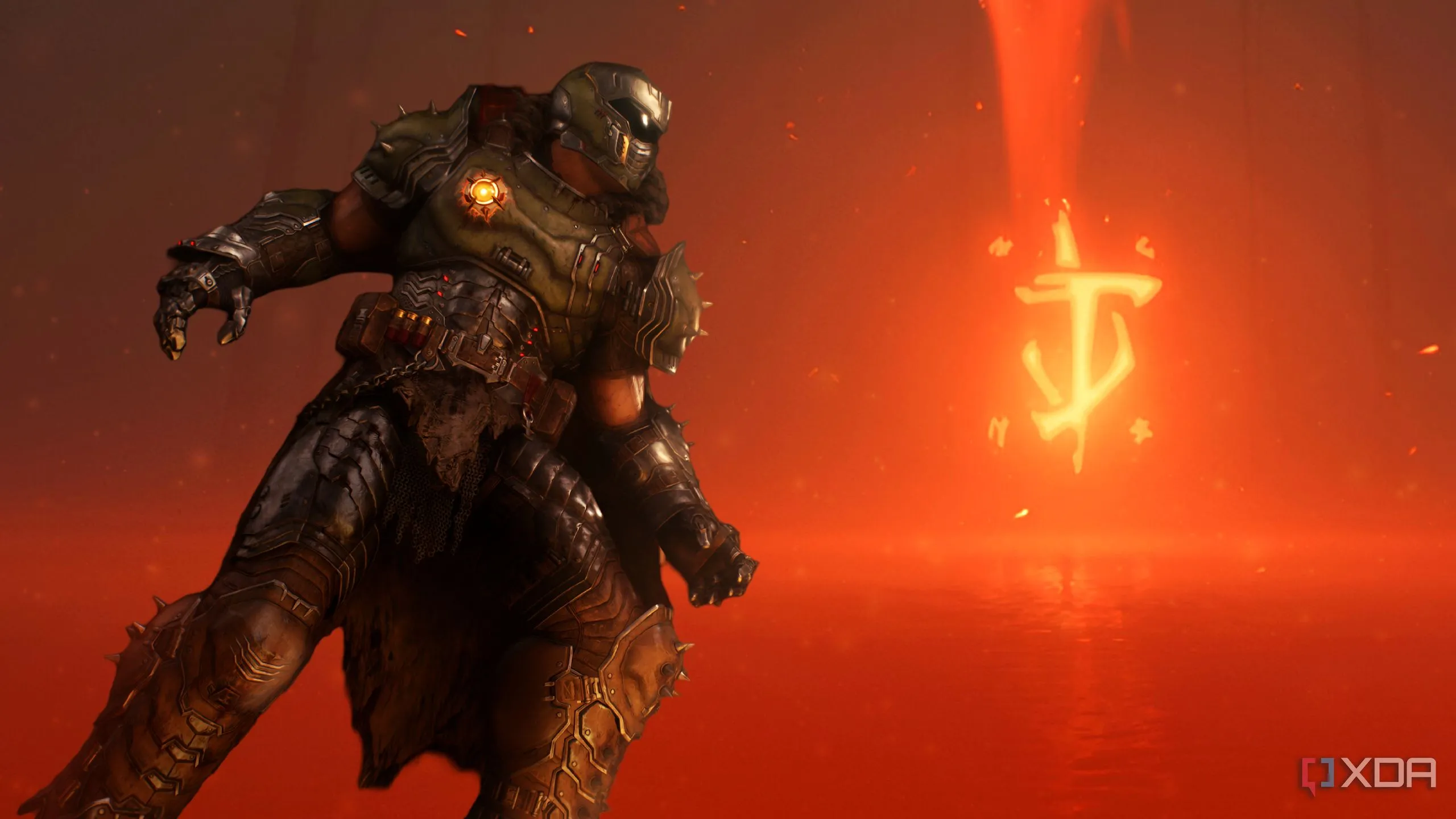 Doom Slayer trong Doom: The Dark Ages tiến về phía Dấu Ấn Quái Thú phát sáng, thể hiện sự đơn giản trong mục tiêu anh hùng.