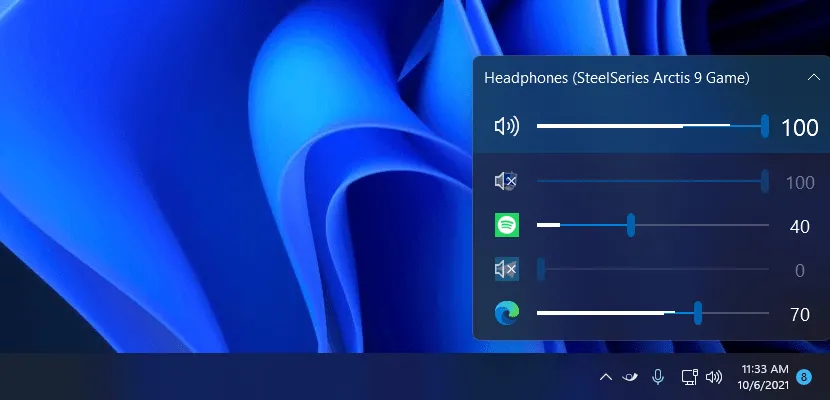 EarTrumpet đang hoạt động, hiển thị bộ trộn âm lượng nâng cao trên Windows