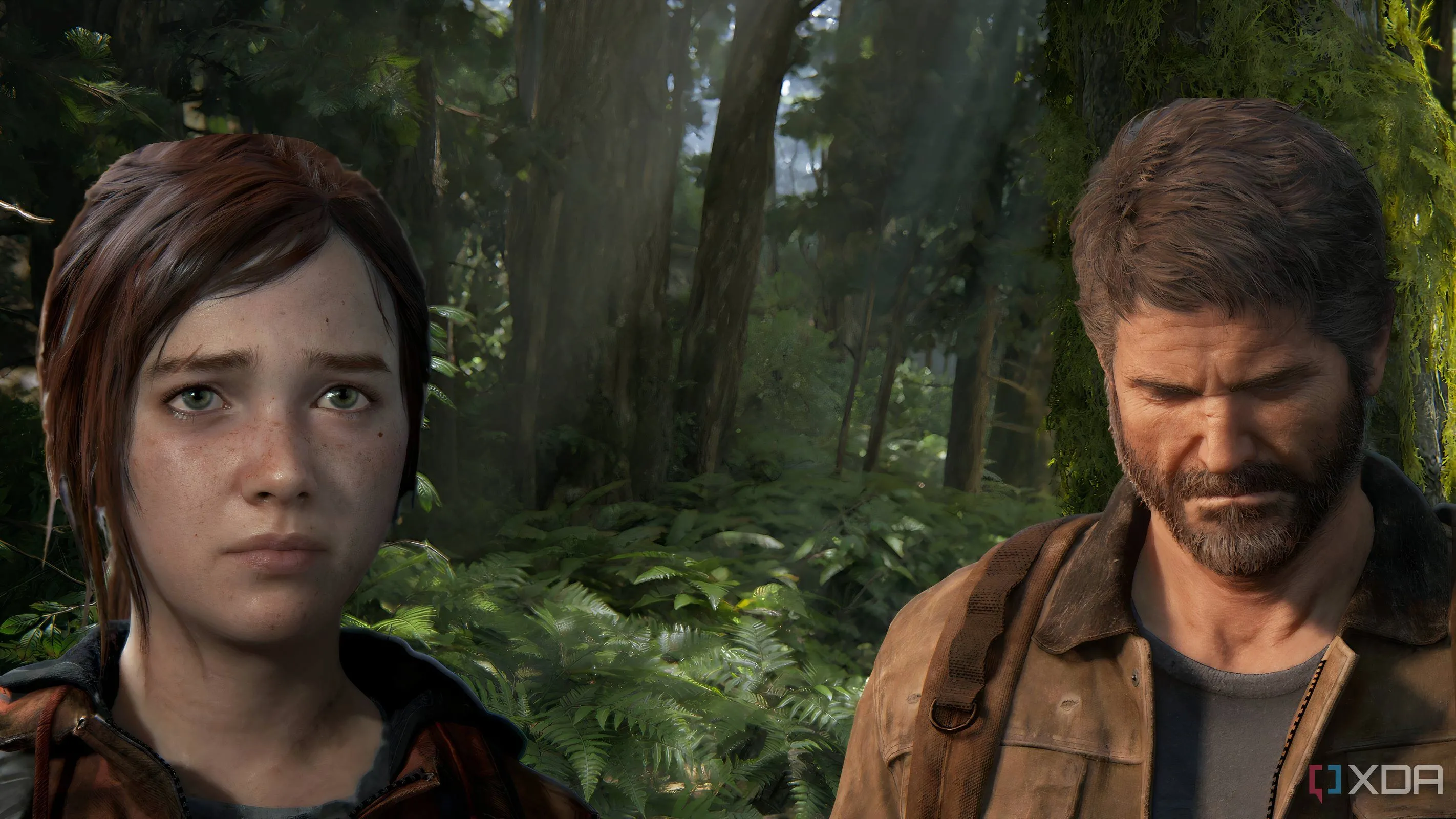 Ellie và Joel, hai nhân vật chính biểu tượng của series game The Last of Us trong bối cảnh rừng