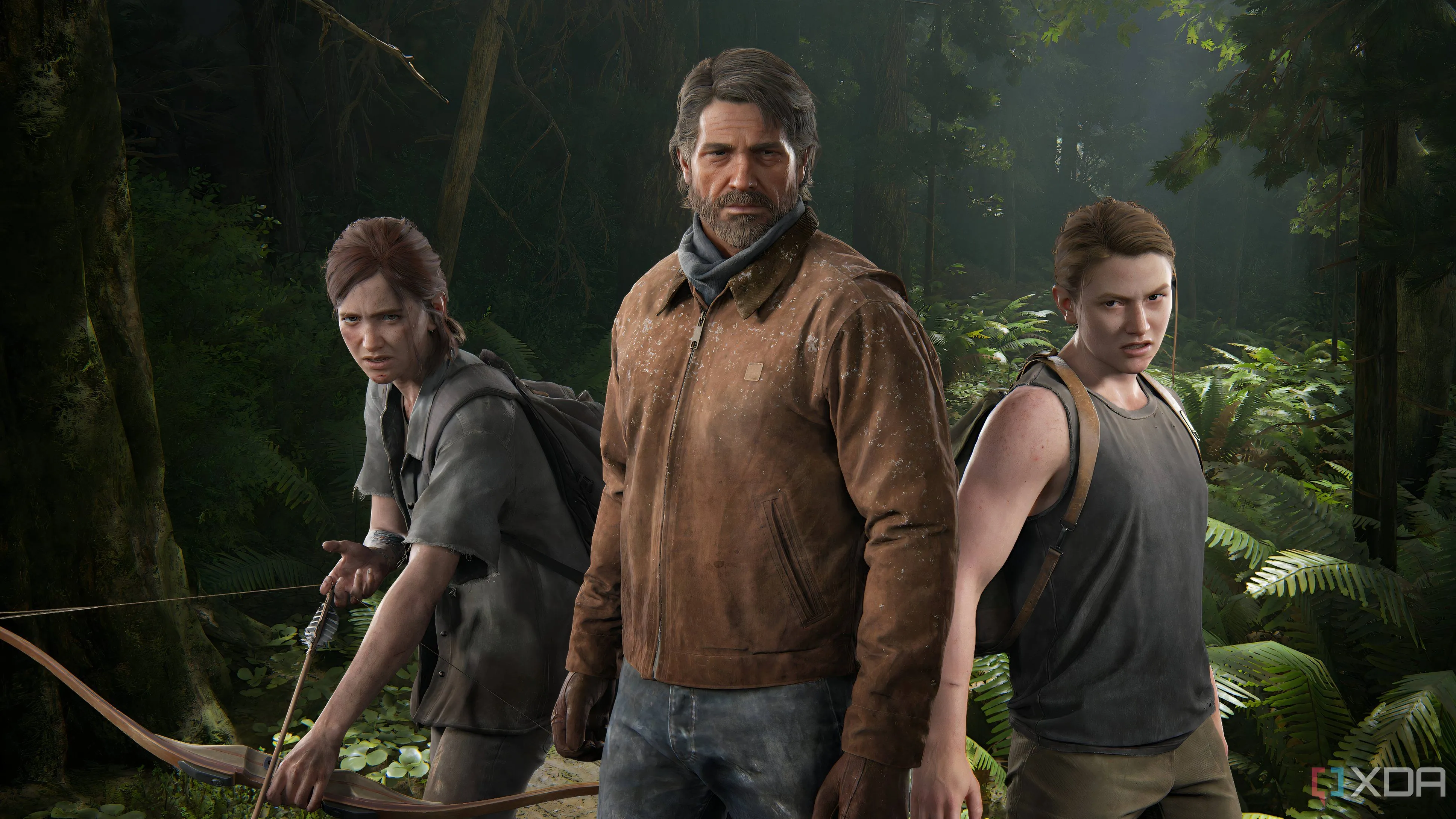Ellie với cung tên, Joel trong áo khoác mùa đông và Abby trong The Last of Us Part II