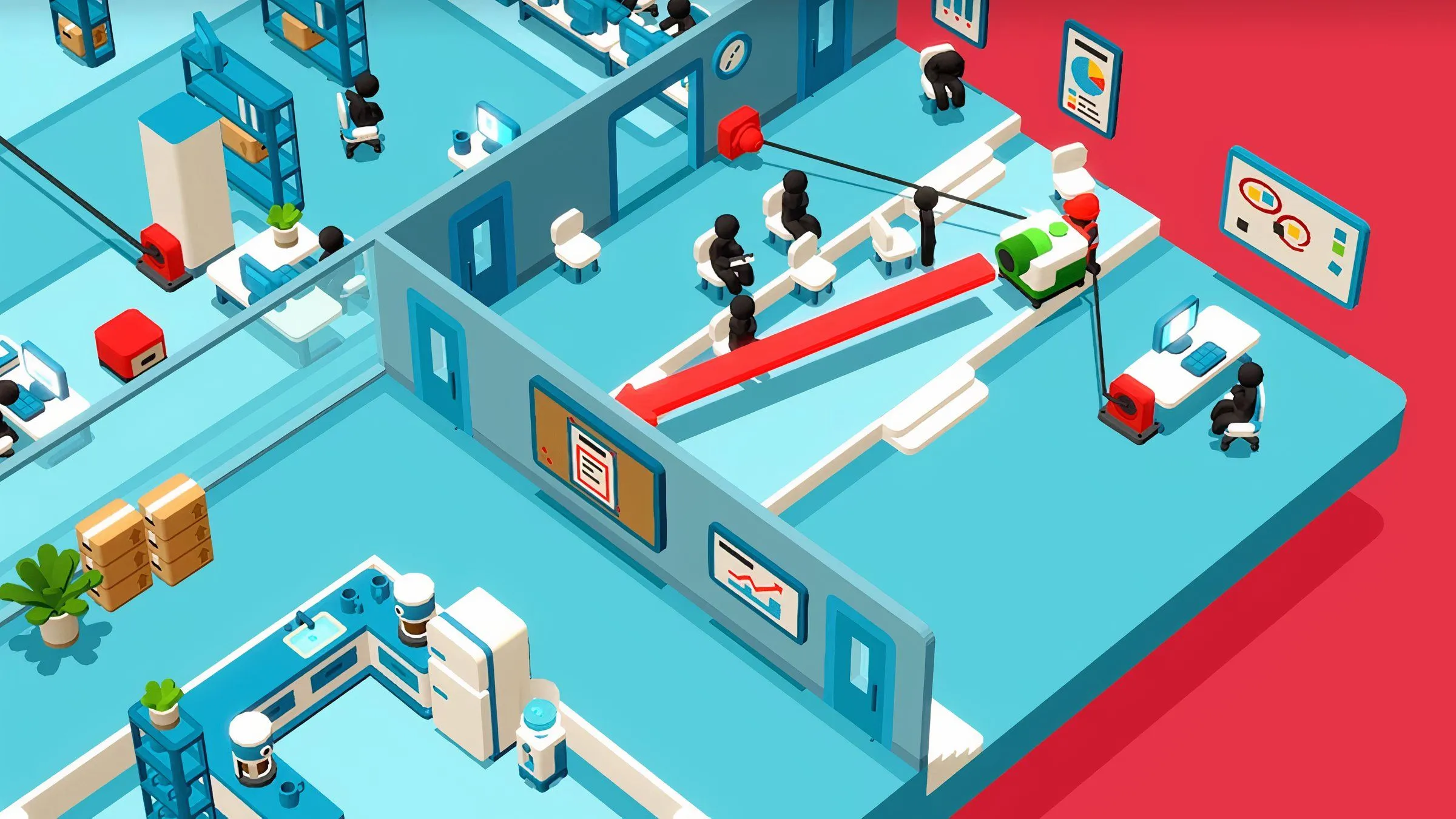Gameplay của Good Job! nơi hai nhân vật gây hỗn loạn trong văn phòng