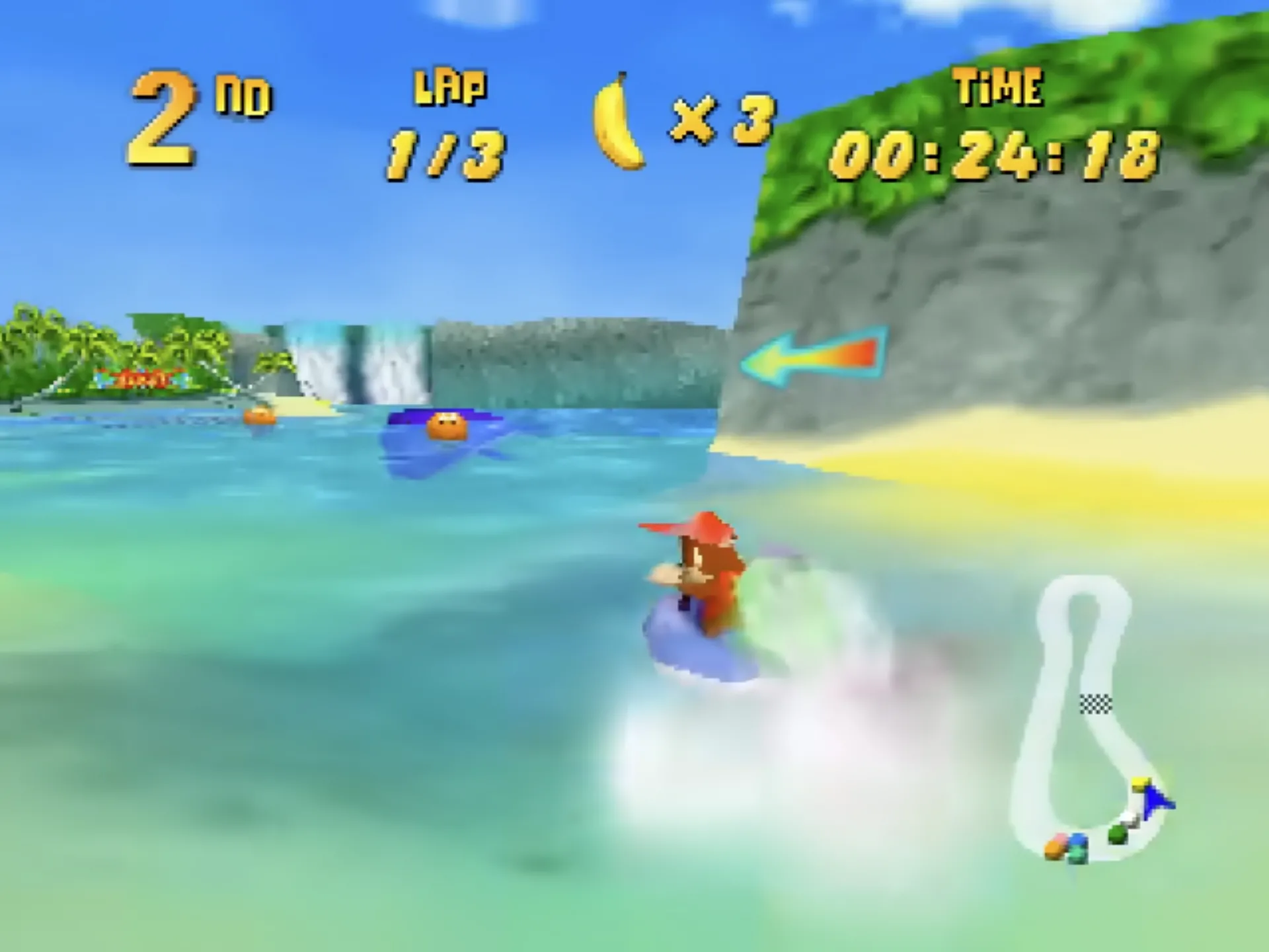 Gameplay Diddy Kong Racing trên Nintendo 64, thể hiện đồ họa và nhân vật trong game đua xe party